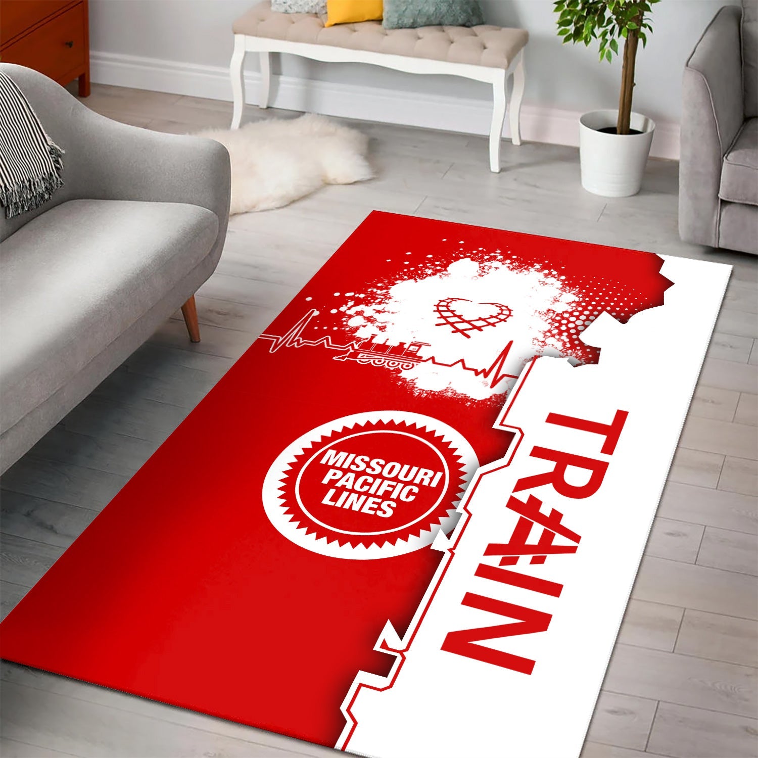 Railspirit Missouri Pacific Railroad Area Rug Engine Heartbeat and Track Love Style Rug Gift Idea For Train Lovers