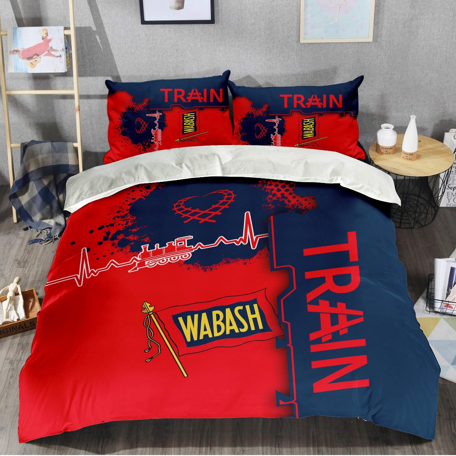 Railspirit Wabash Railroad Bedding Set Engine Heartbeat and Track Love Style Bedding Set Gift Idea For Train Lovers