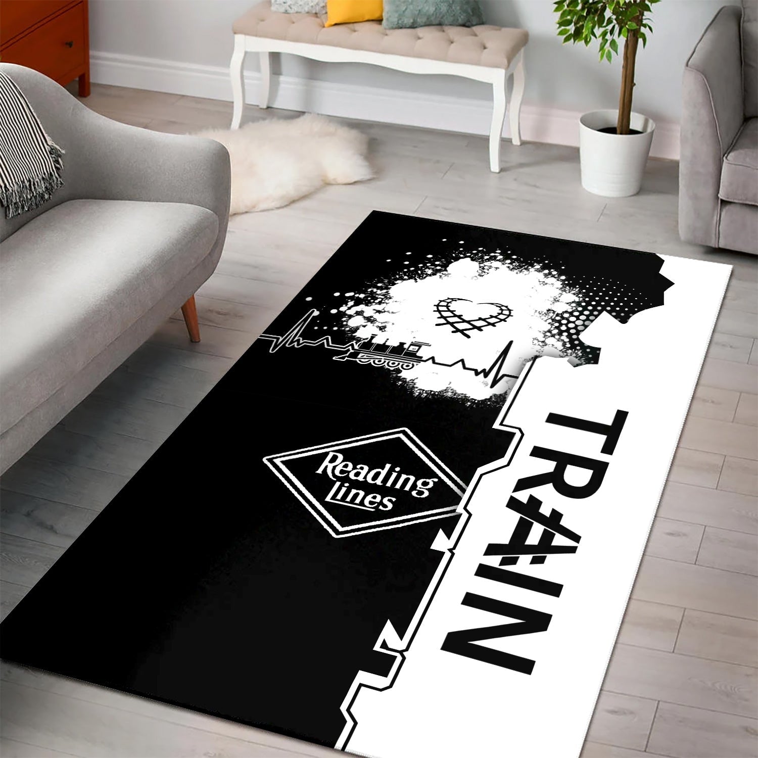 Railspirit Reading Railroad Area Rug Engine Heartbeat and Track Love Style Rug Gift Idea For Train Lovers