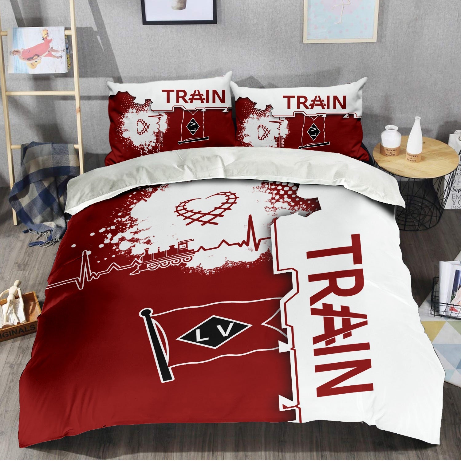 Railspirit Lehigh Valley Railroad Bedding Set Engine Heartbeat and Track Love Style Bedding Set Gift Idea For Train Lovers