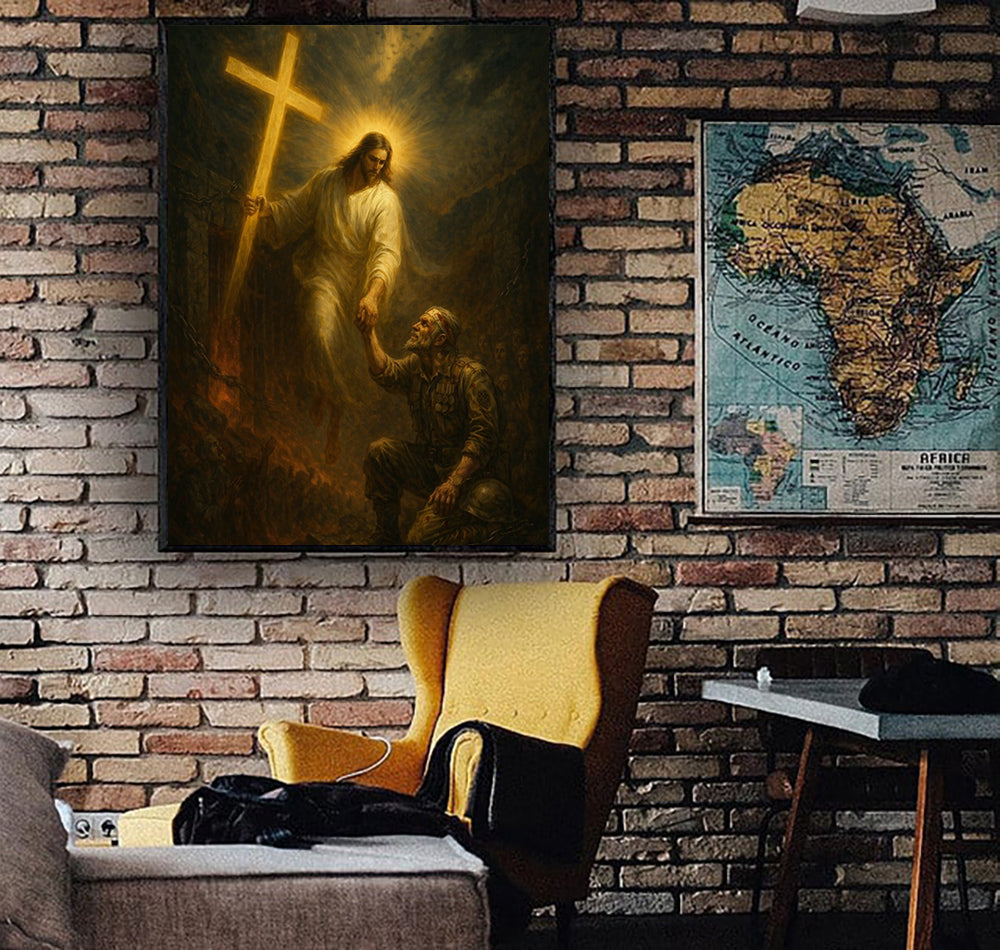 Jesus Saving Soldier Wall Art Canvas, Christian Religious Wall Decor, Jesus with Cross Painting, Inspirational Faith Artwork for Home