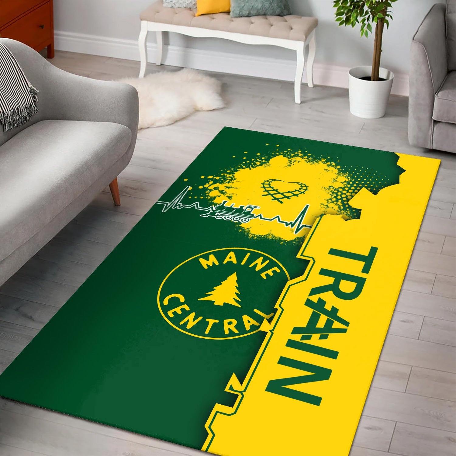 Railspirit Maine Central Railroad Area Rug Engine Heartbeat and Track Love Style Rug Gift Idea For Train Lovers