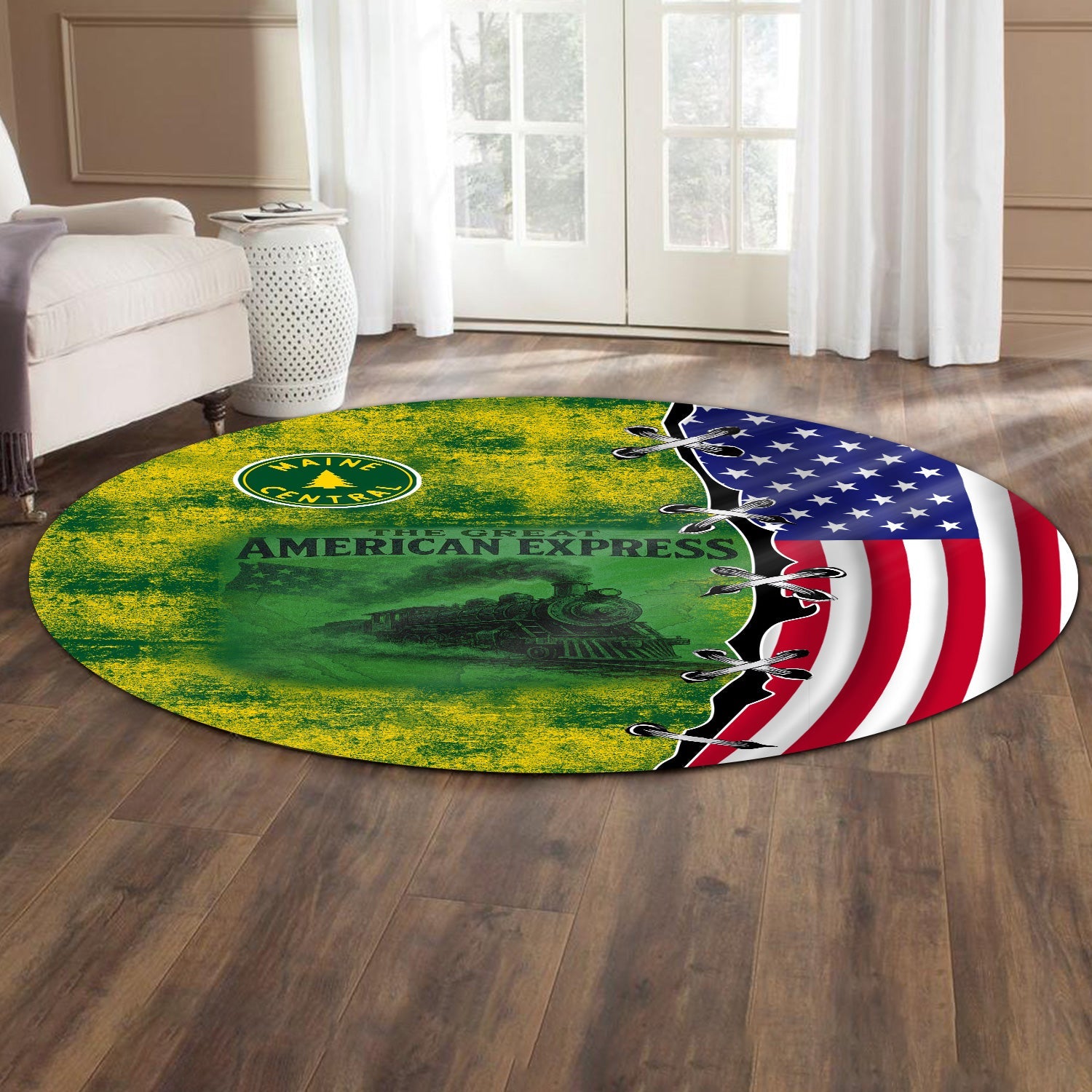 Railspirit Maine Central Railroad Round Mat Retro American Express Train With USA Flag Round Mat