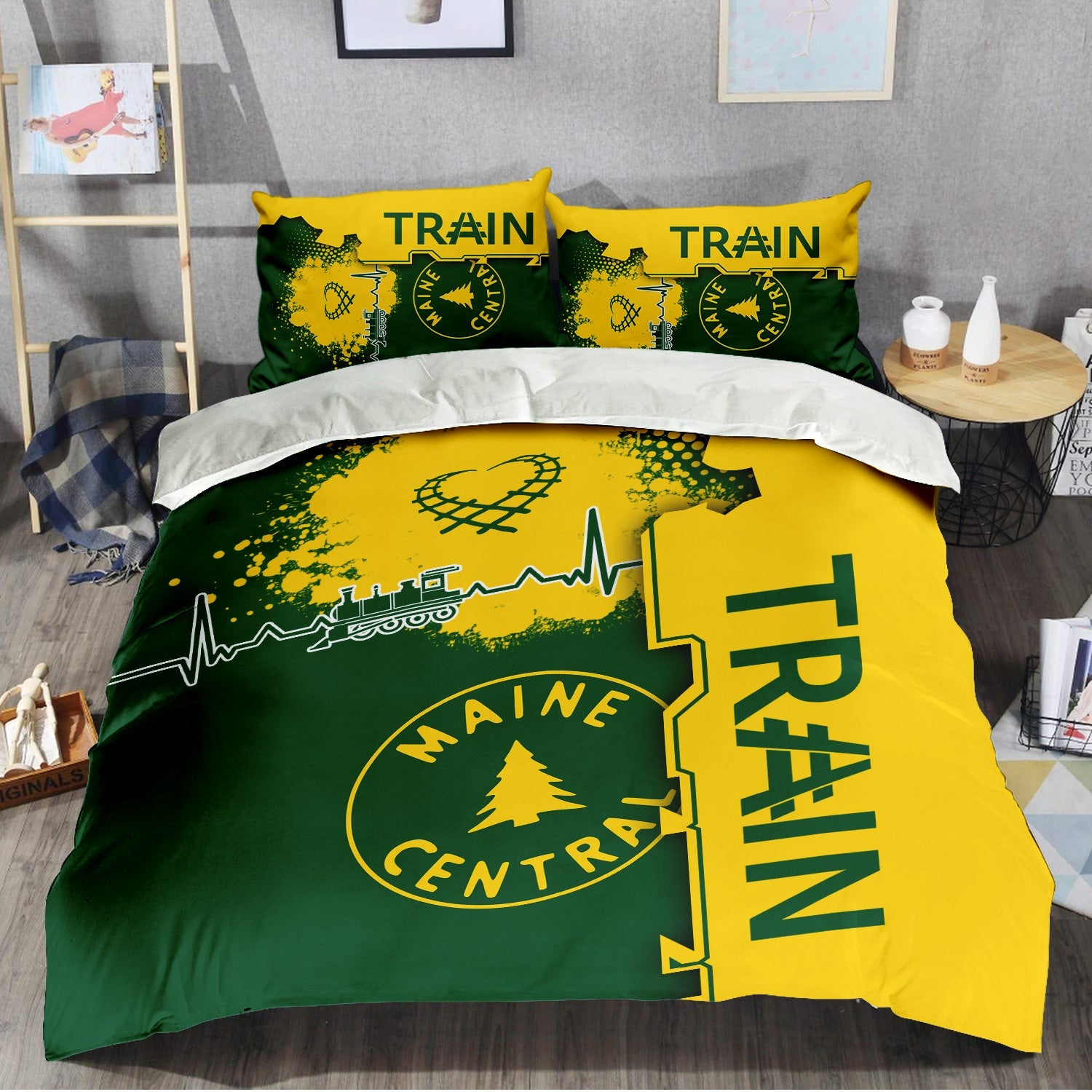 Railspirit Maine Central Railroad Bedding Set Engine Heartbeat and Track Love Style Bedding Set Gift Idea For Train Lovers