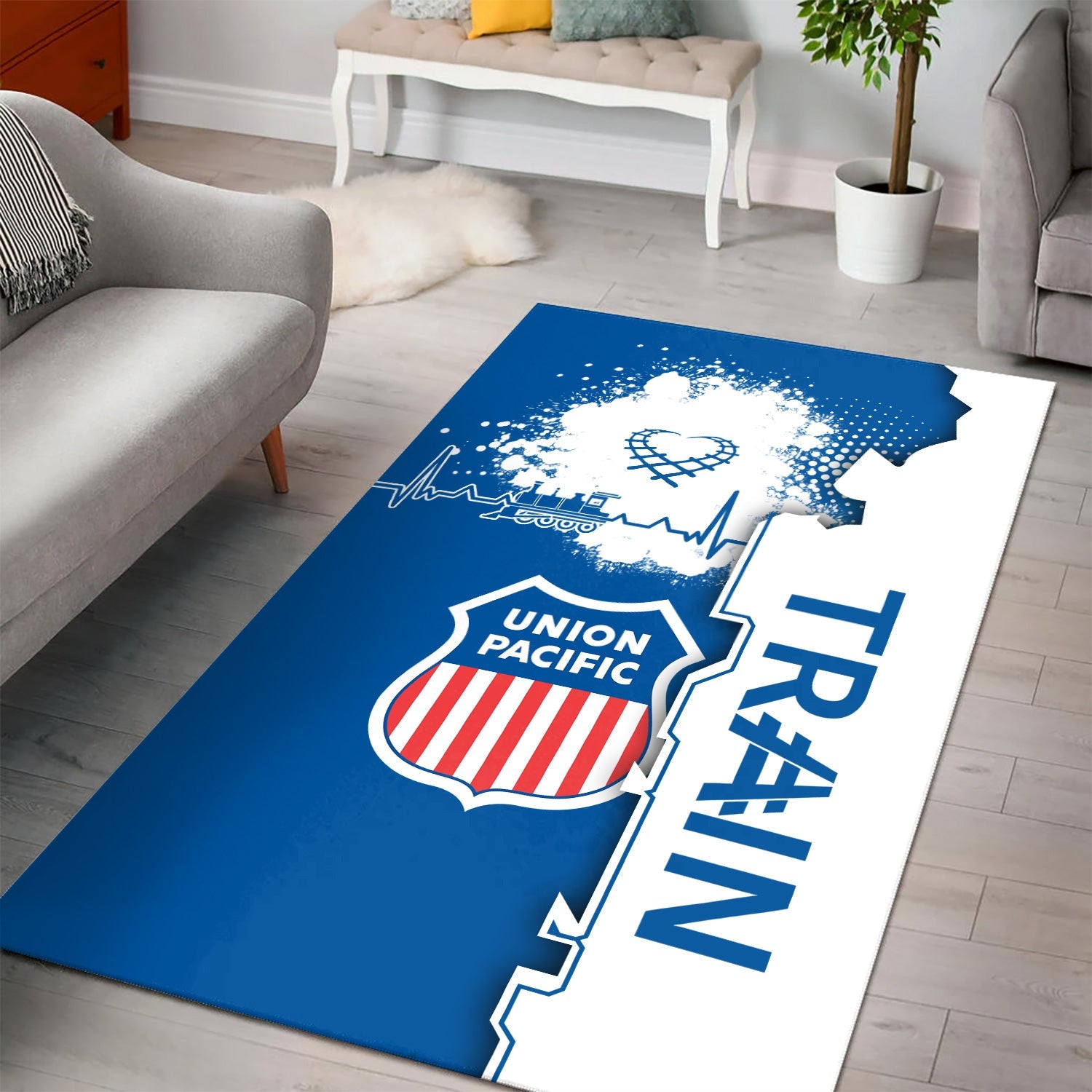 Railspirit Union Pacific Railroad Area Rug Engine Heartbeat and Track Love Style Big Boy Rug Gift Idea For Train Lovers