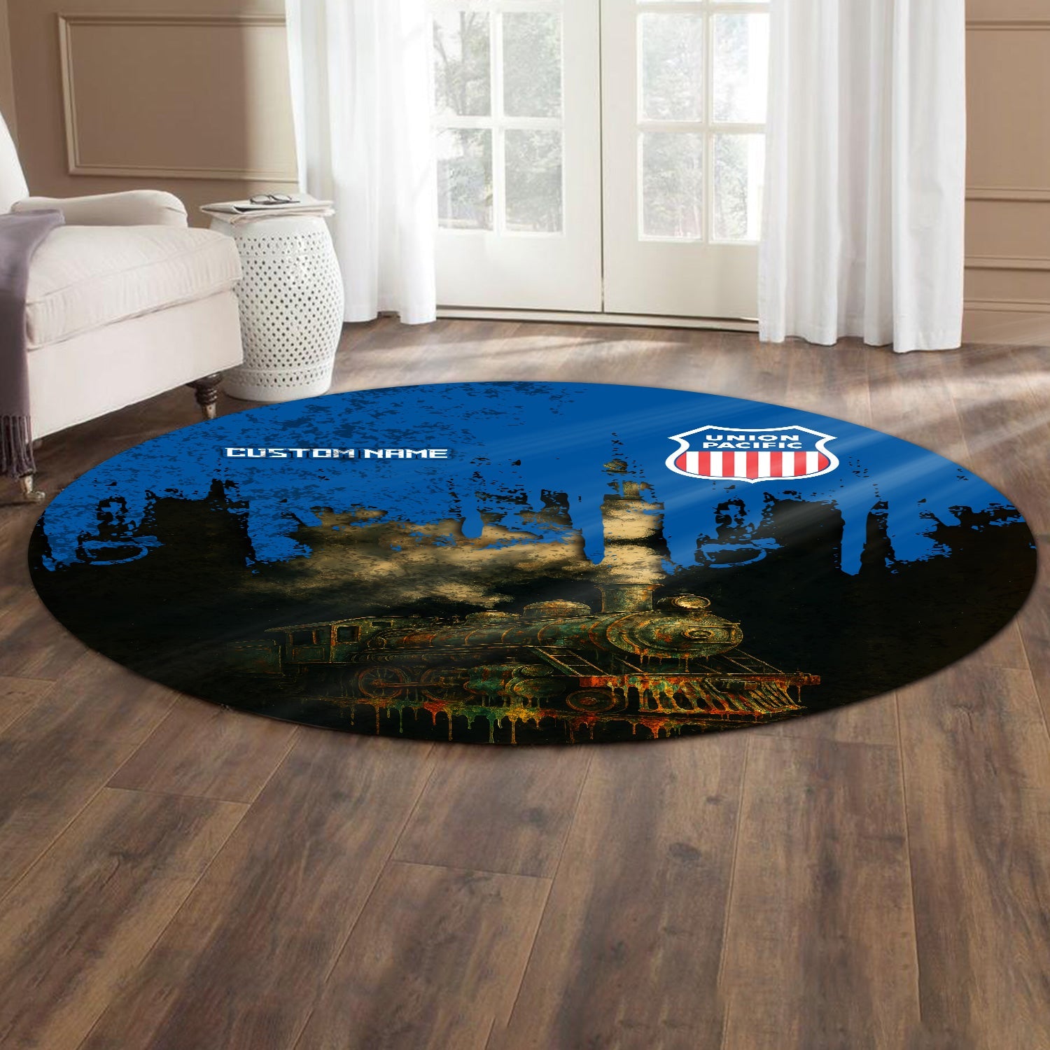 Railspirit Personalized Union Pacific Railroad Round Mat Vintage Train Art Style Big Boy Mat For Locomotive Fans