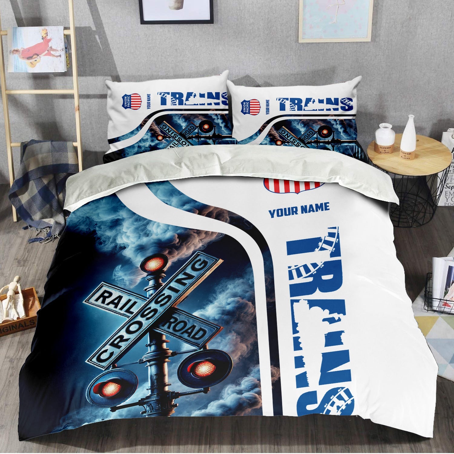 Railspirit Personalized Union Pacific Railroad Bedding Set Railroad Crossing Sign Big Boy Bedding Set All Over Print