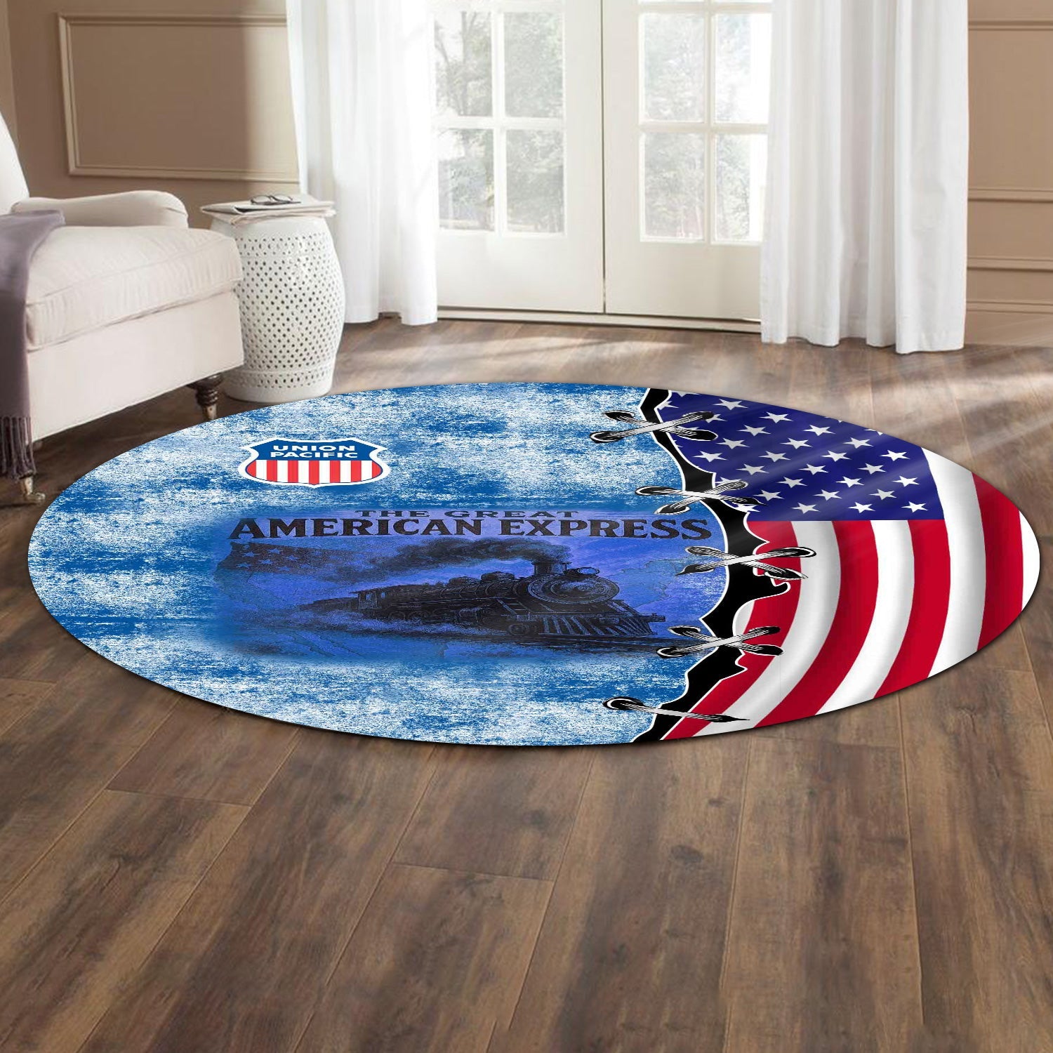 Railspirit Union Pacific Railroad Round Mat Retro American Express Train With USA Flag Big Boy Round Mat