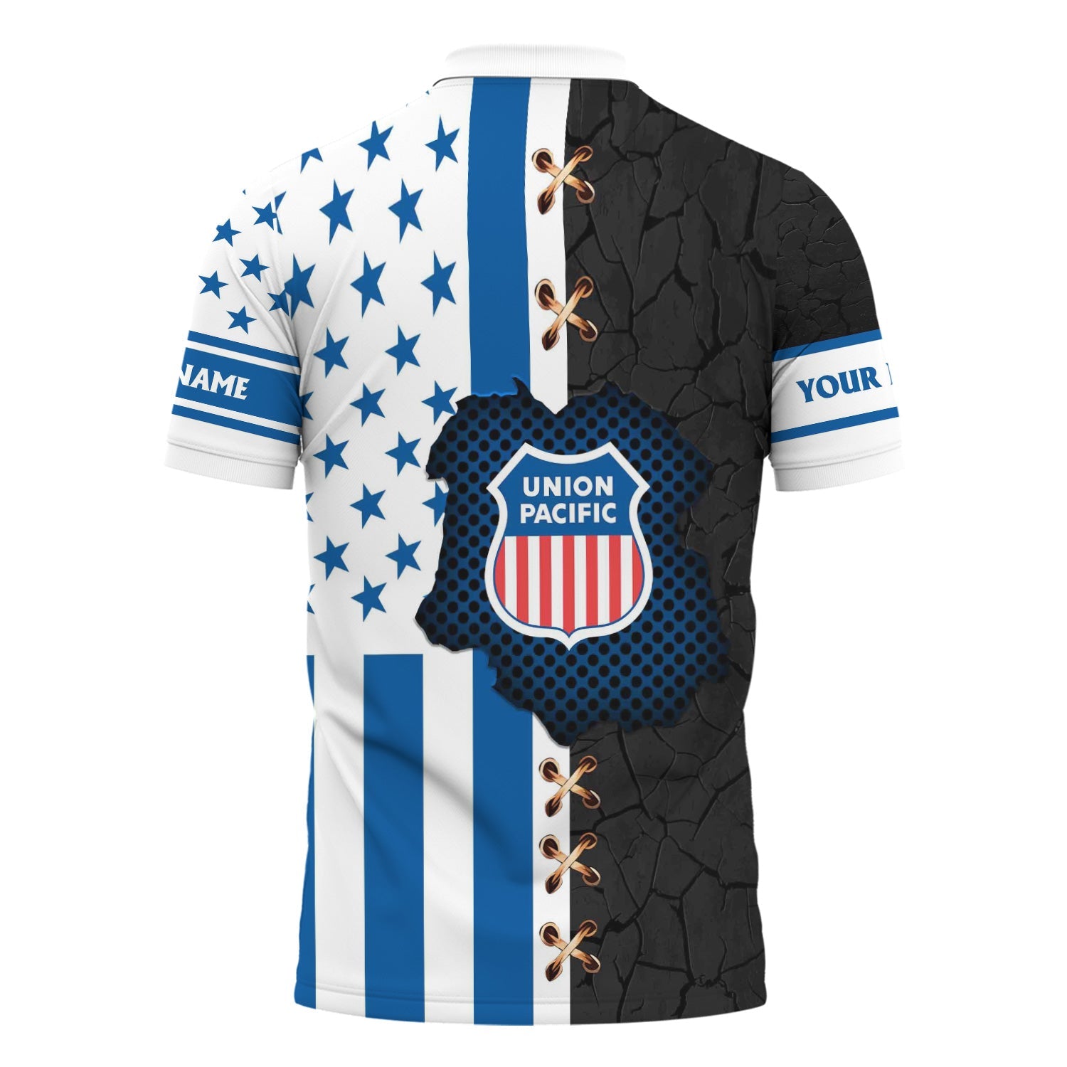 Railspirit Personalized Union Pacific Railroad Polo Shirt American Flag with Crack Effect Big Boy Train Shirt