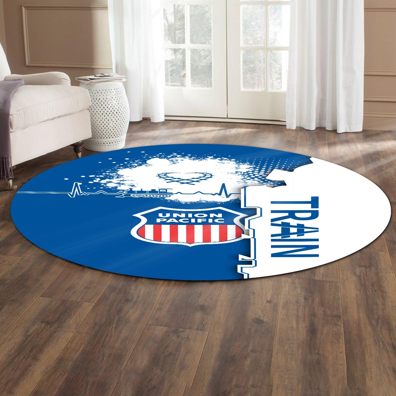 Railspirit Union Pacific Railroad Round Mat Engine Heartbeat and Track Love Style Big Boy Mat Gift Idea For Train Lovers