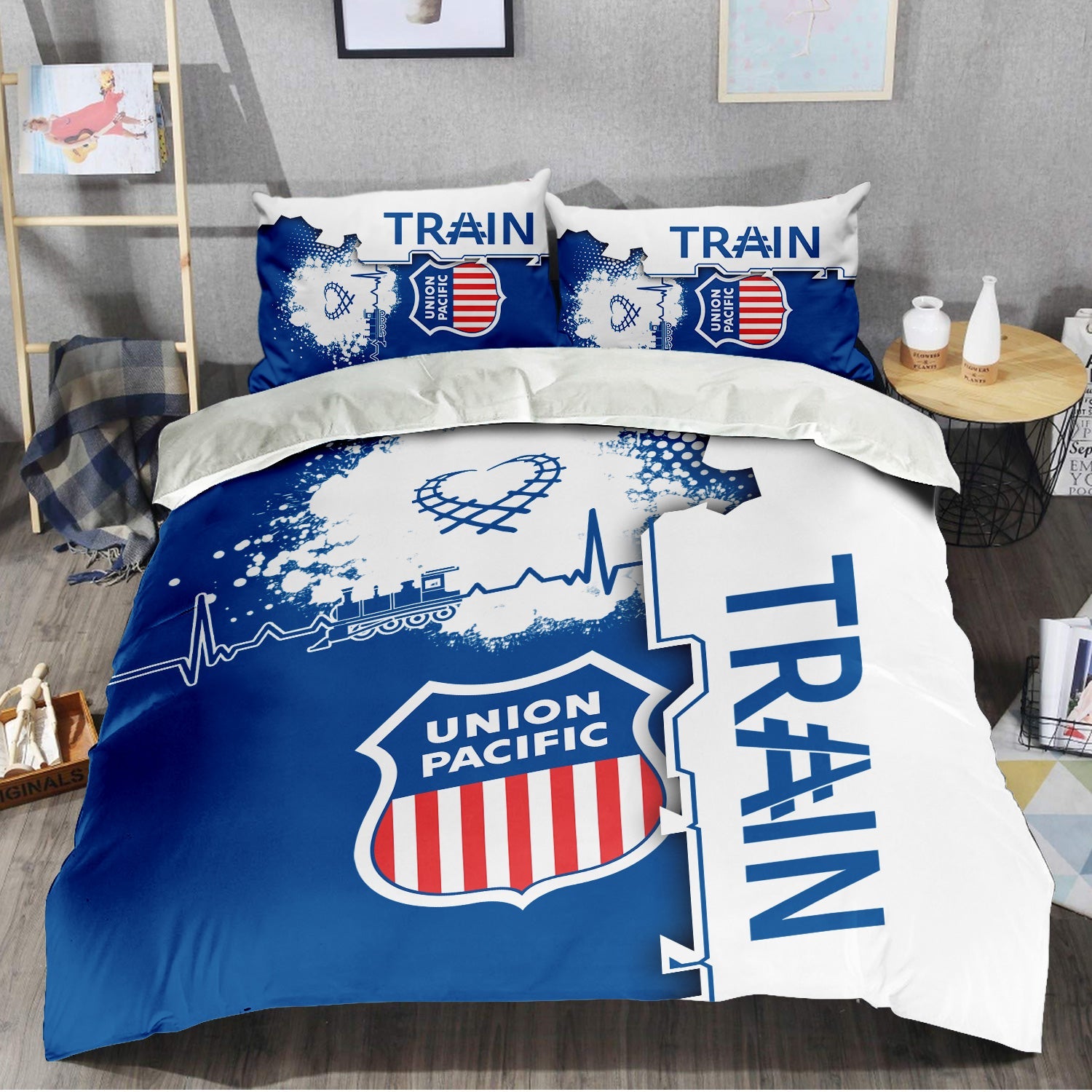 Railspirit Union Pacific Railroad Bedding Set Engine Heartbeat and Track Love Style Big Boy Bedding Set Gift Idea For Train Lovers