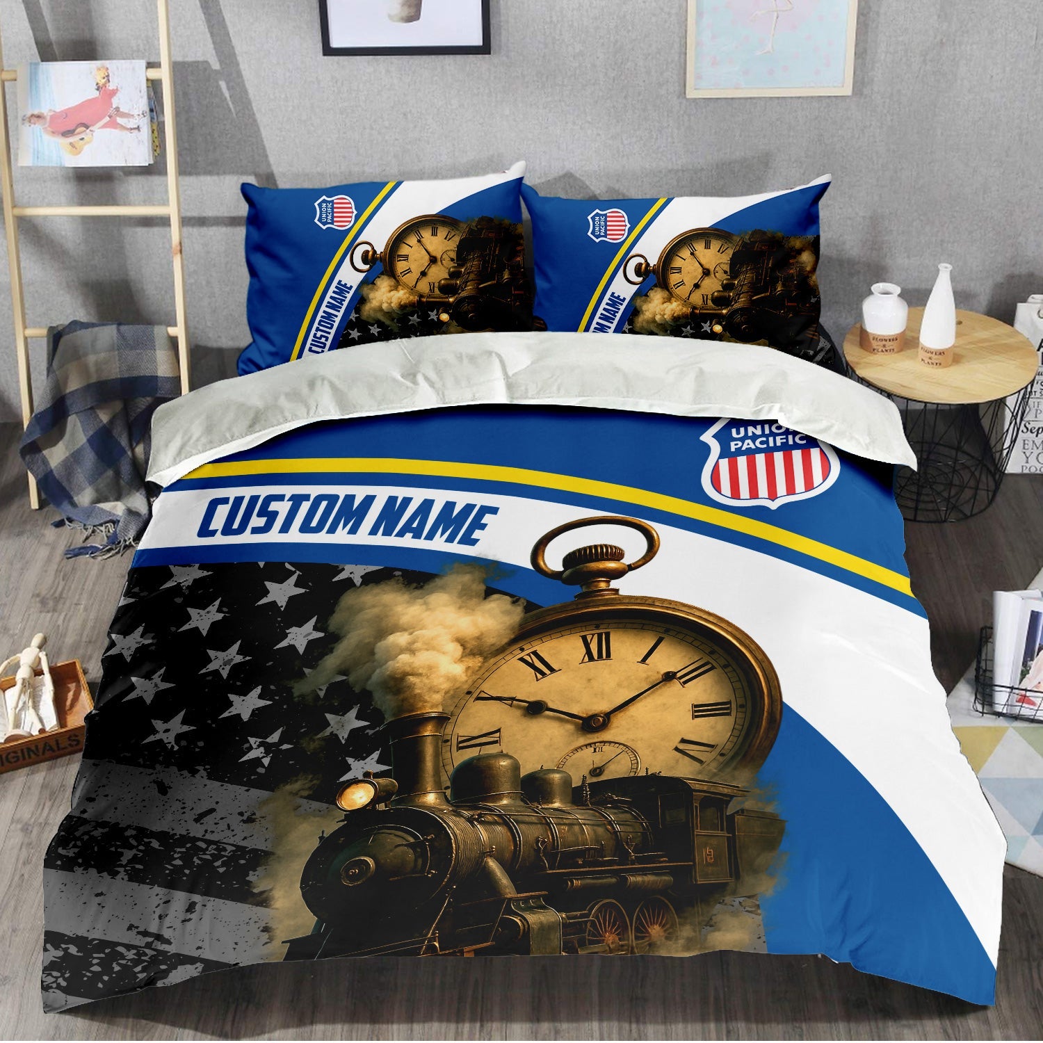 Railspirit Personalized Union Pacific Railroad Bedding Set Classic Steam Engine With Retro Pocket Watch Big Boy Bedding Set All Over Print