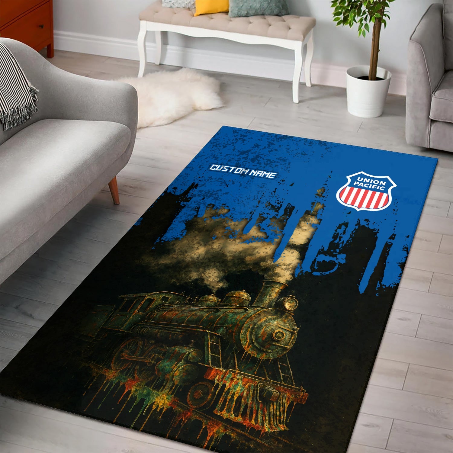 Railspirit Personalized Union Pacific Railroad Area Rug Vintage Train Art Style Big Boy Rug For Locomotive Fans