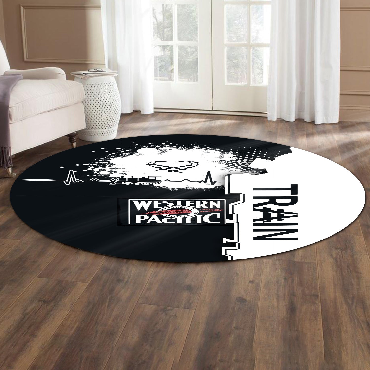 Railspirit Western Pacific Railroad Round Mat Engine Heartbeat and Track Love Style Mat Gift Idea For Train Lovers