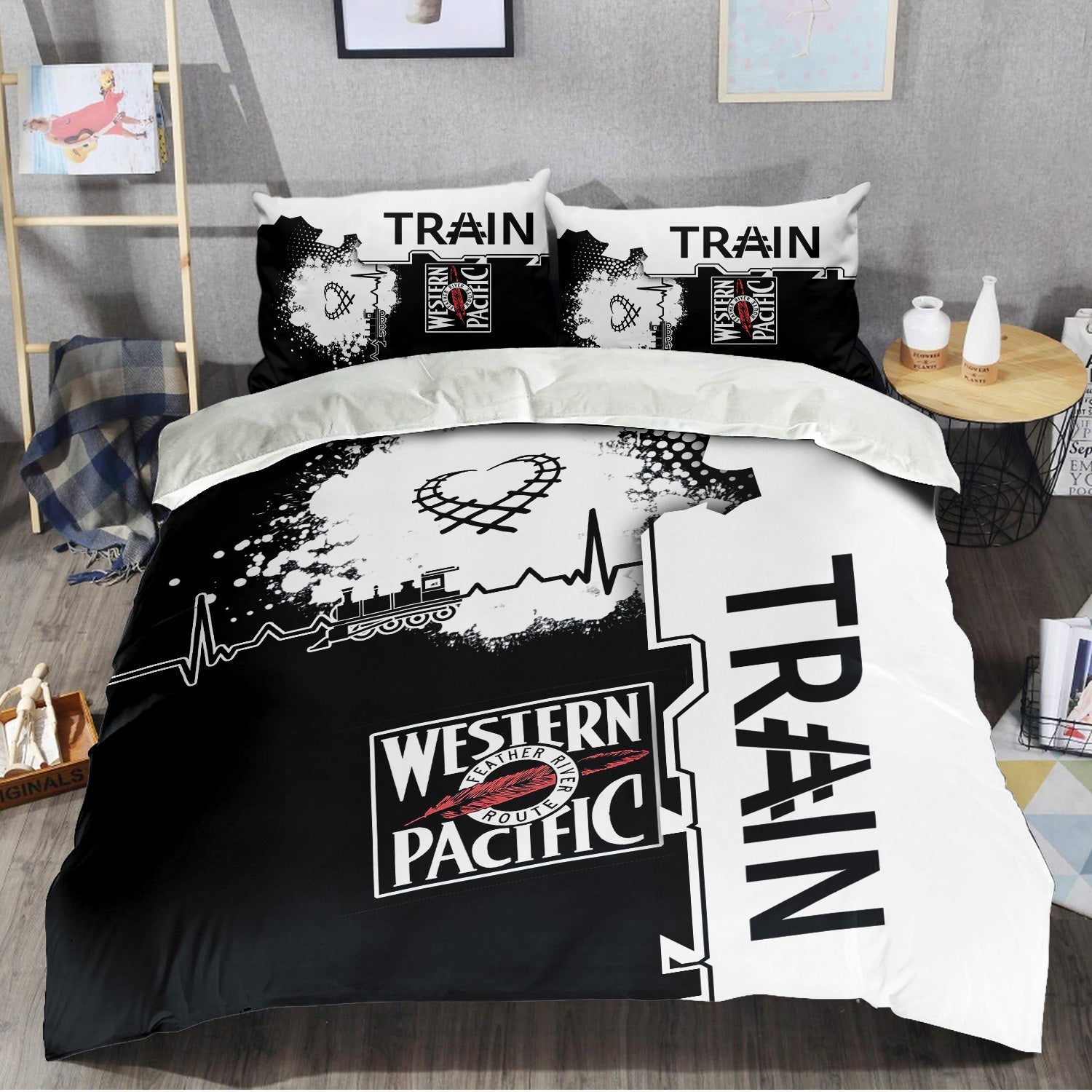 Railspirit Western Pacific Railroad Bedding Set Engine Heartbeat and Track Love Style Bedding Set Gift Idea For Train Lovers