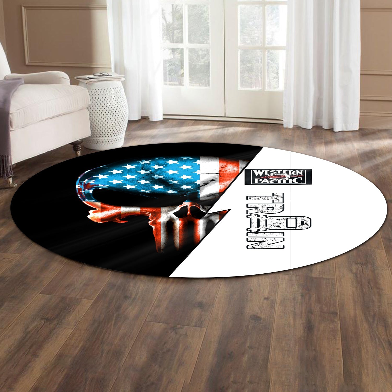 Railspirit Western Pacific Railroad Round Mat Train Skull American Flag Style Rug All Over Print
