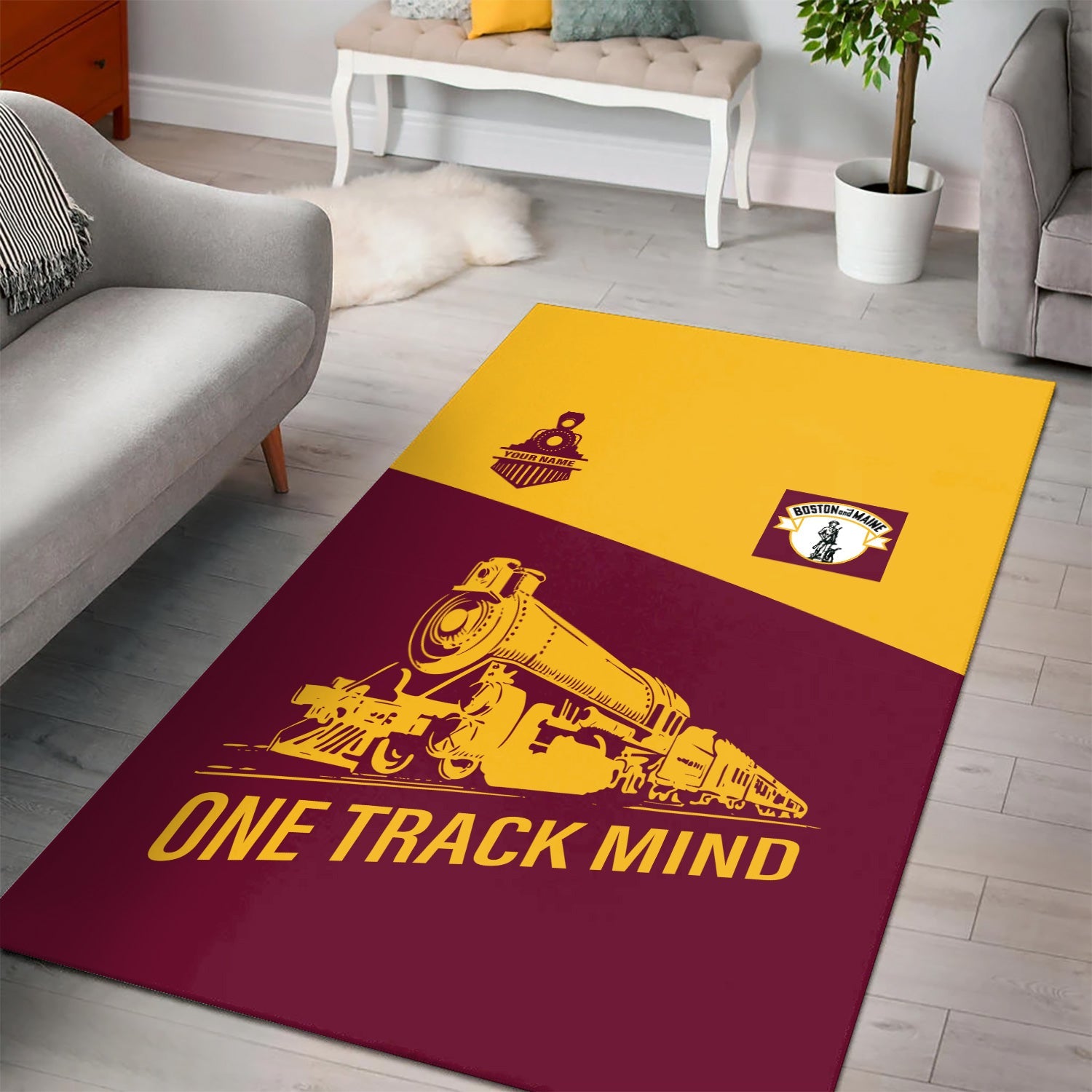 Railspirit Personalized Boston and Maine Railroad Area Rug One Track Mind Train Rug Gift Idea For Train Lover
