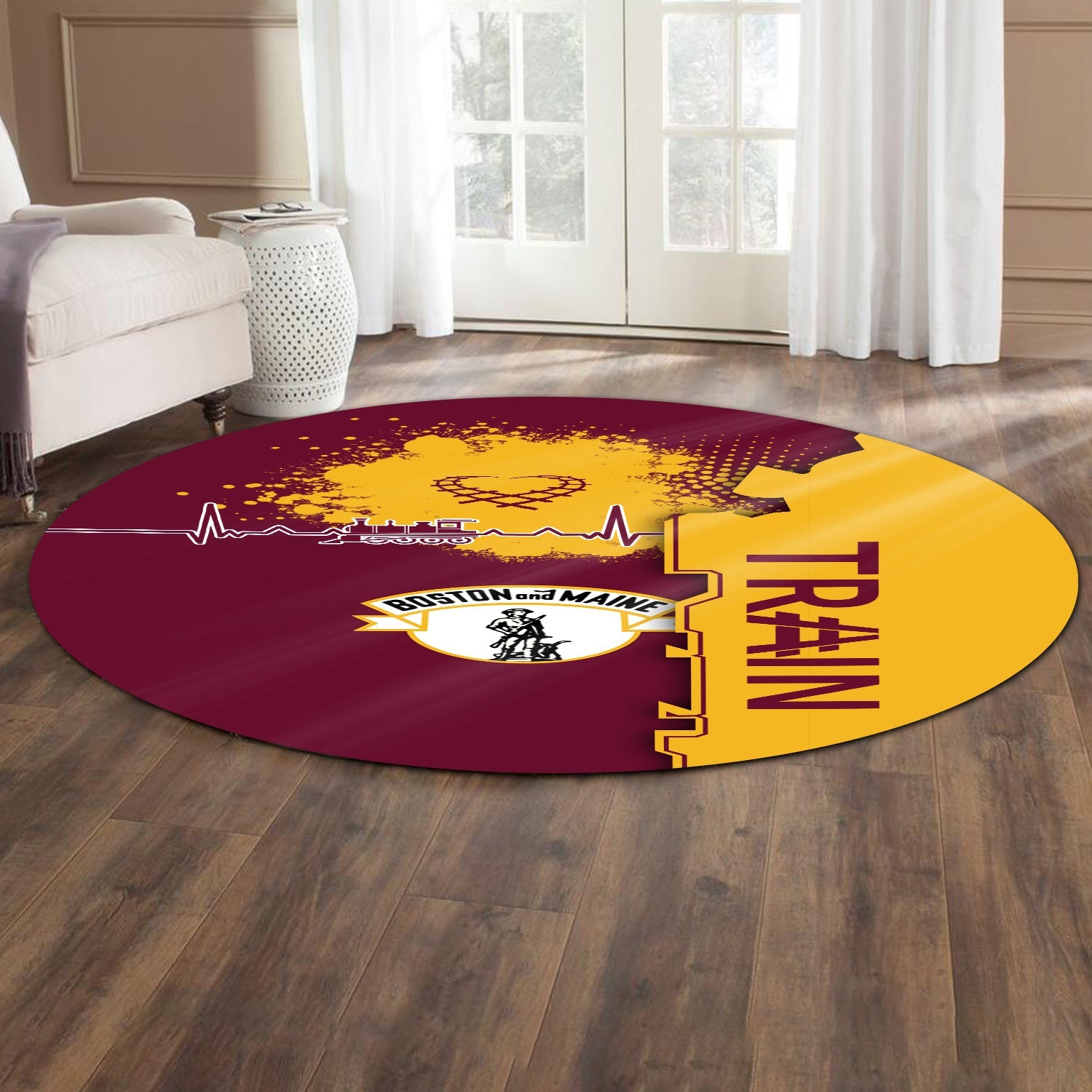 Railspirit Boston and Maine Railroad Round Mat Engine Heartbeat and Track Love Style Mat Gift Idea For Train Lovers