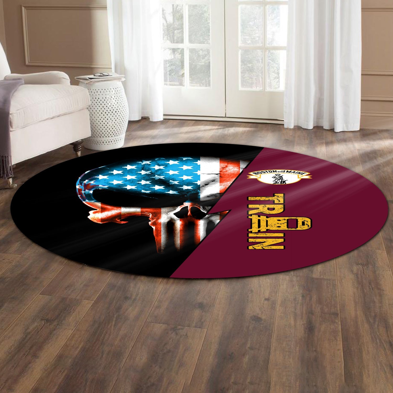 Railspirit Boston and Maine Railroad Round Mat Train Skull American Flag Style Rug All Over Print