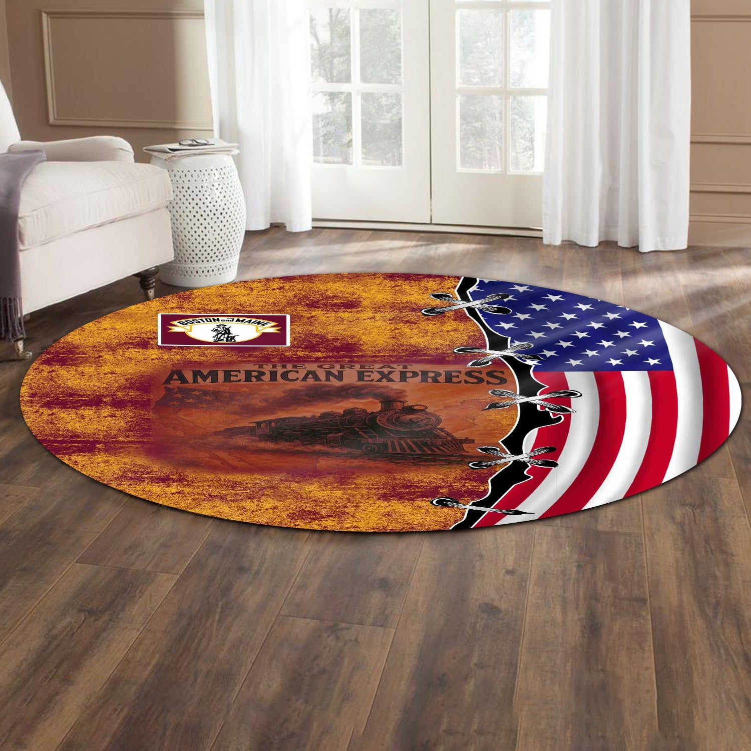 Railspirit Boston and Maine Railroad Round Mat Retro American Express Train With USA Flag Round Mat