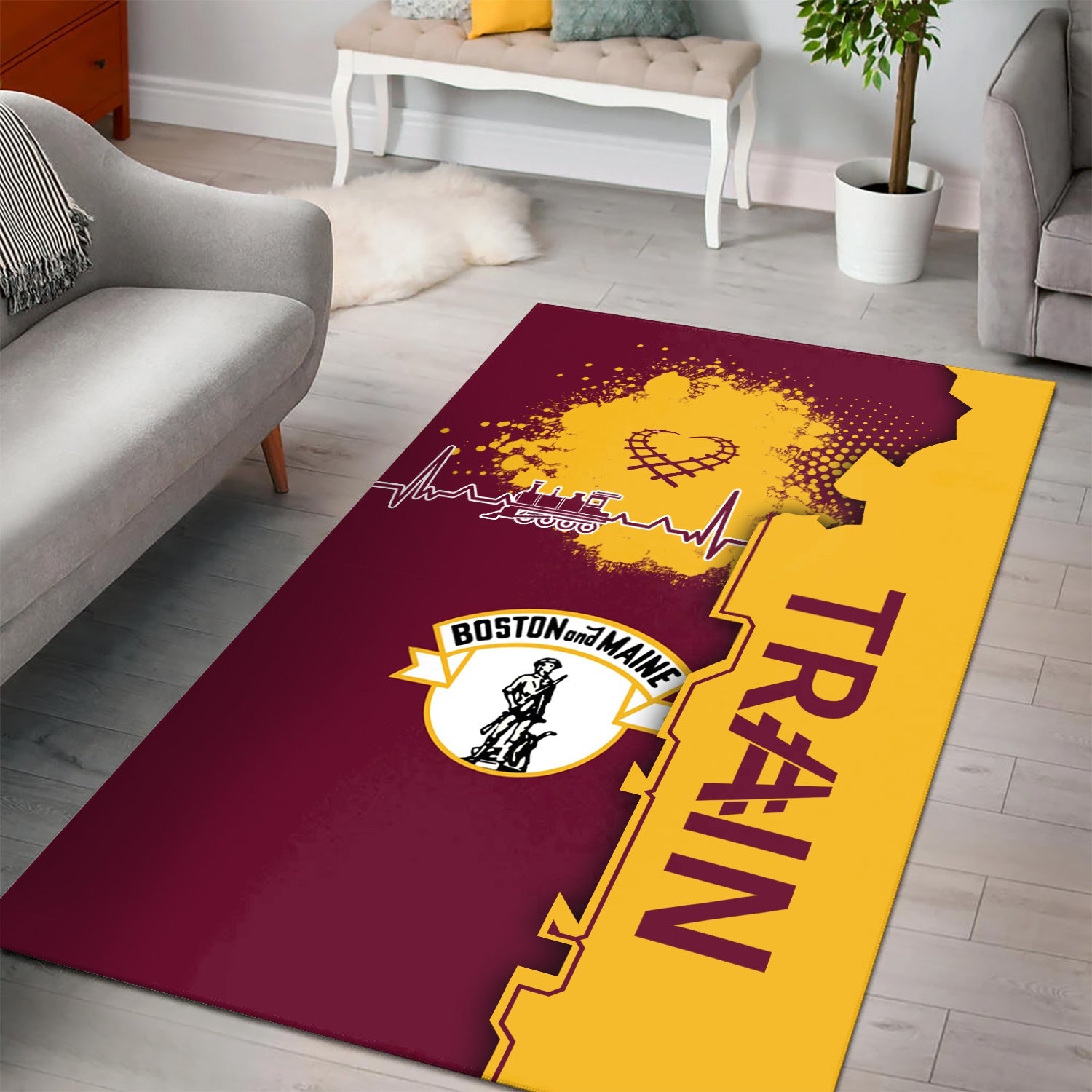 Railspirit Boston and Maine Railroad Area Rug Engine Heartbeat and Track Love Style Rug Gift Idea For Train Lovers