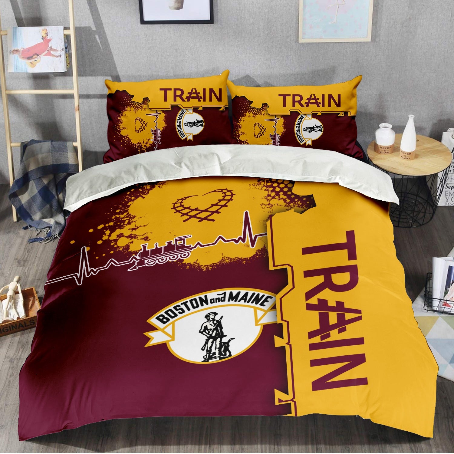 Railspirit Boston and Maine Railroad Bedding Set Engine Heartbeat and Track Love Style Bedding Set Gift Idea For Train Lovers