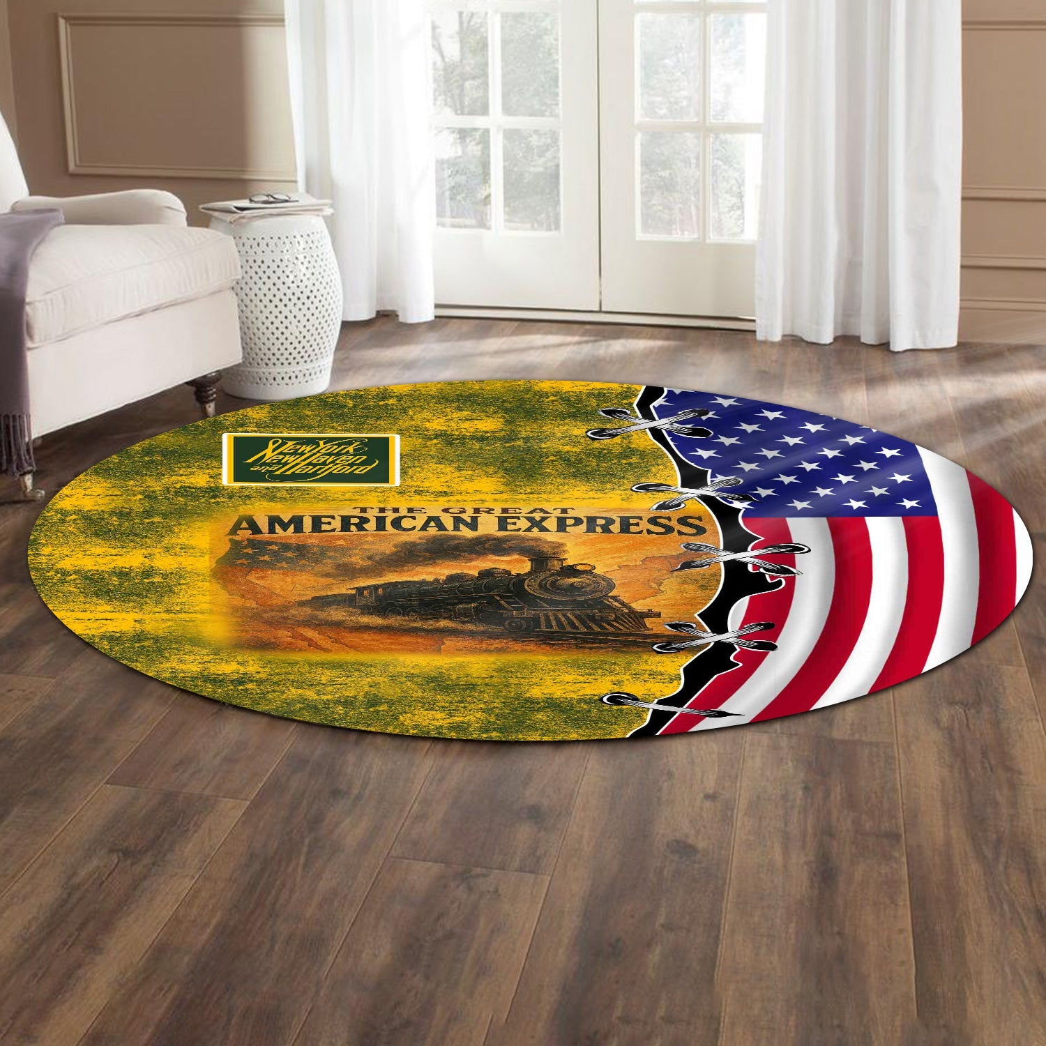 Railspirit New York, New Haven and Hartford Railroad Round Mat Retro American Express Train With USA Flag New Haven Railroad Round Mat