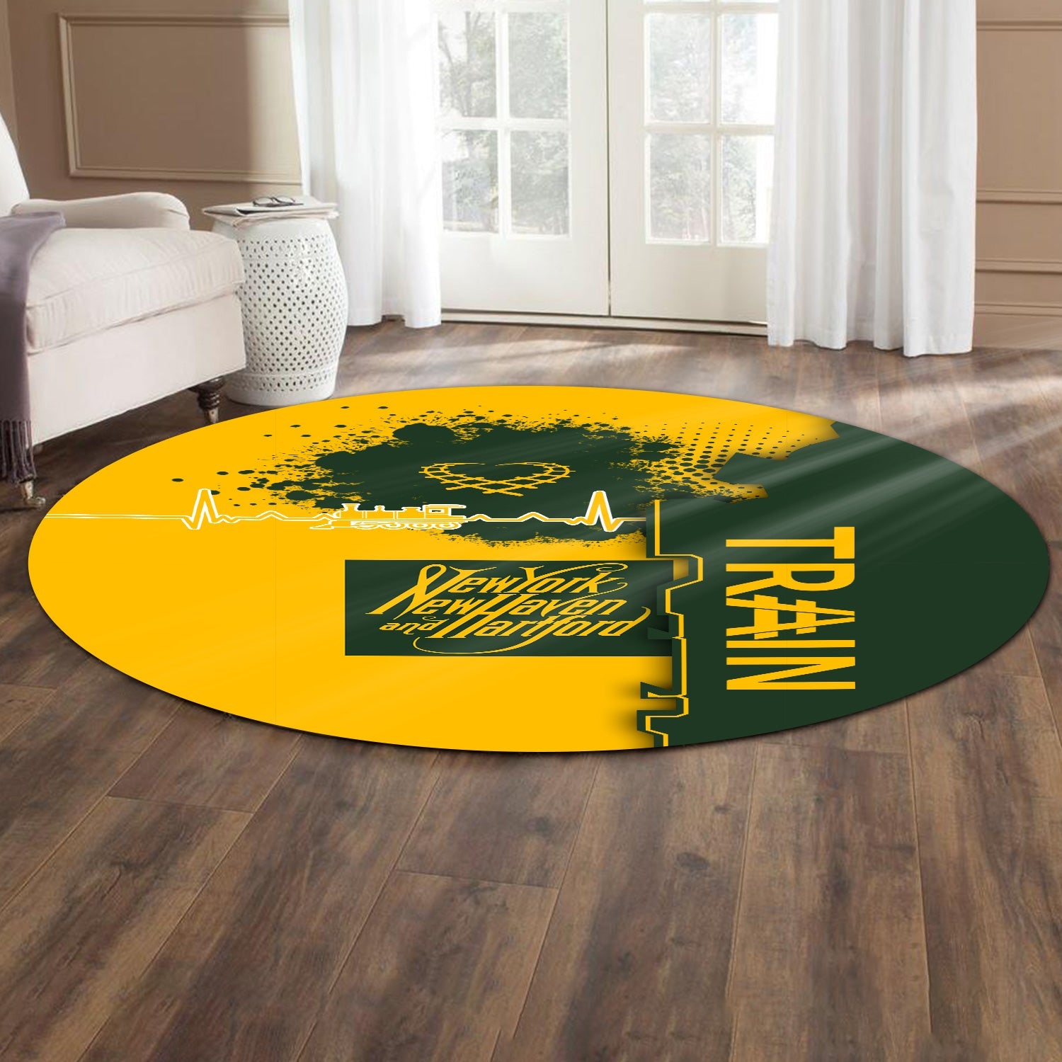 Railspirit New York, New Haven and Hartford Railroad Round Mat Engine Heartbeat and Track Love Style New Haven Railroad Mat Gift For Train Lovers