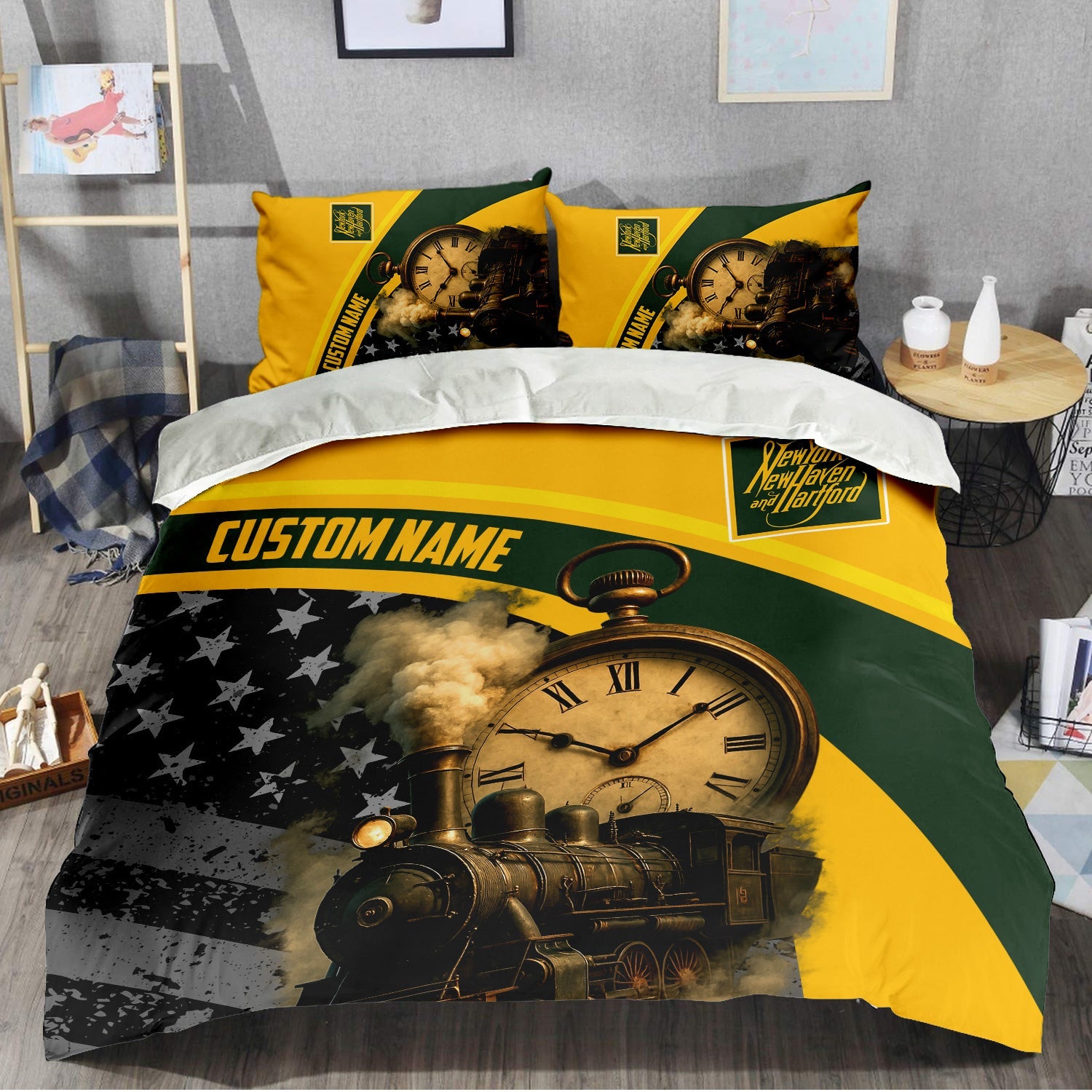 Railspirit Personalized New York, New Haven and Hartford Railroad Bedding Set Steam Engine With Retro Pocket Watch New Haven Railroad Bedding Set