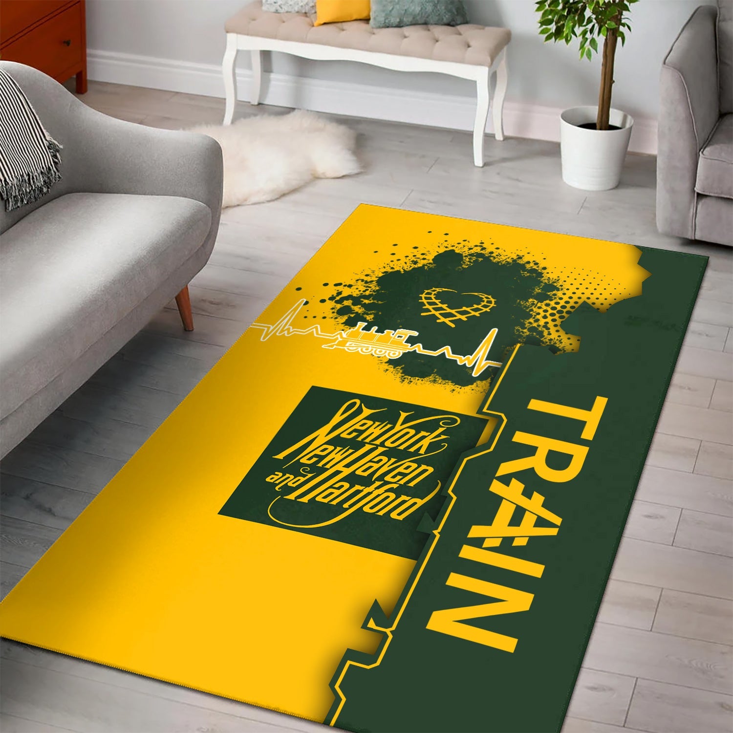 Railspirit New York, New Haven and Hartford Railroad Area Rug Engine Heartbeat and Track Love Style New Haven Railroad Rug Gift Idea For Train Lovers
