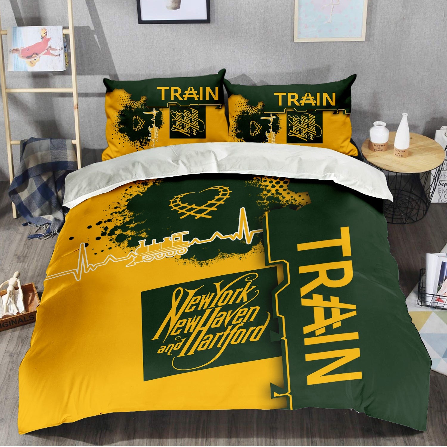 Railspirit New York, New Haven and Hartford Railroad Bedding Set Engine Heartbeat and Track Love Style New Haven Railroad Bedding Set