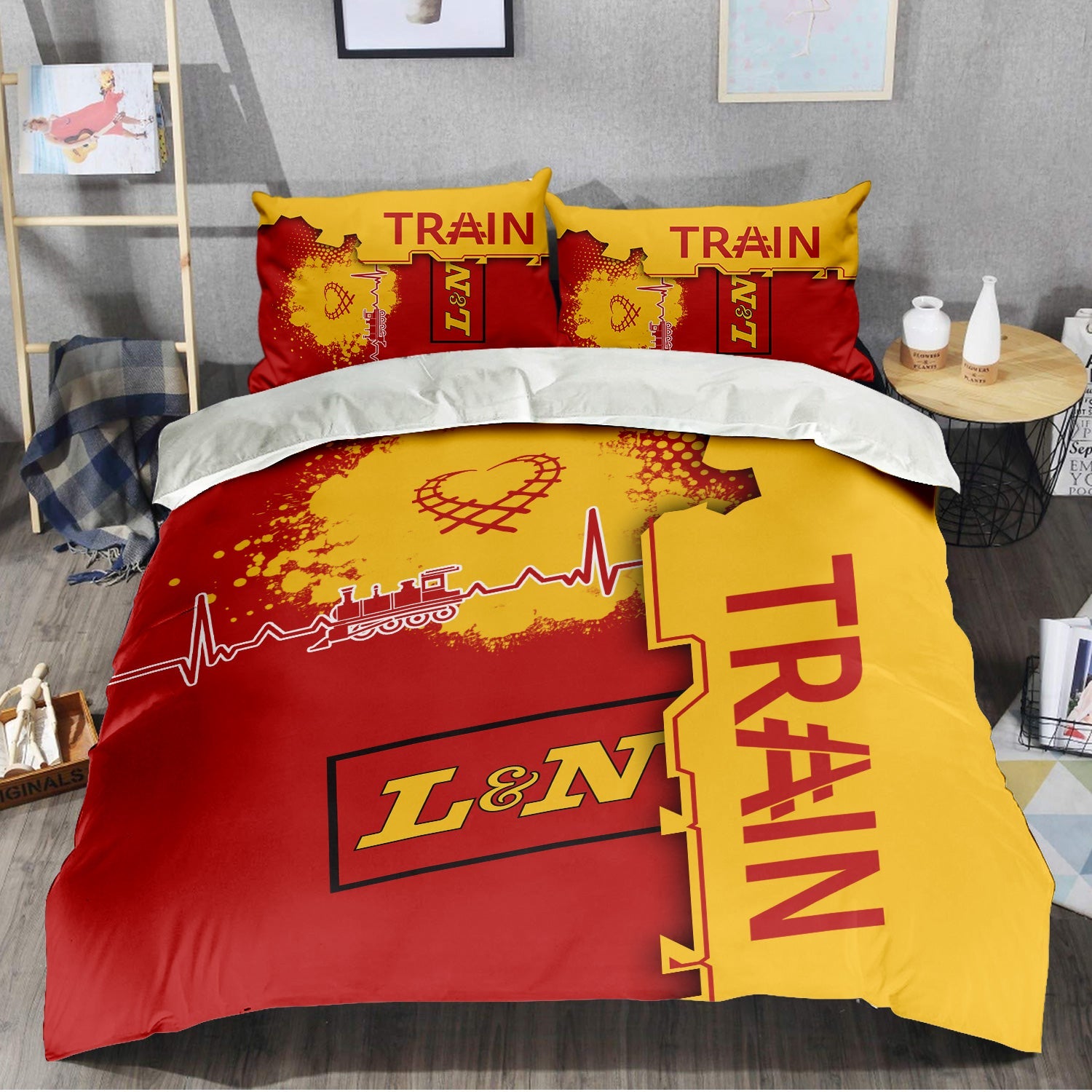 Railspirit Louisville and Nashville Railroad Bedding Set Engine Heartbeat and Track Love Style L&N Bedding Set Gift Idea For Train Lovers