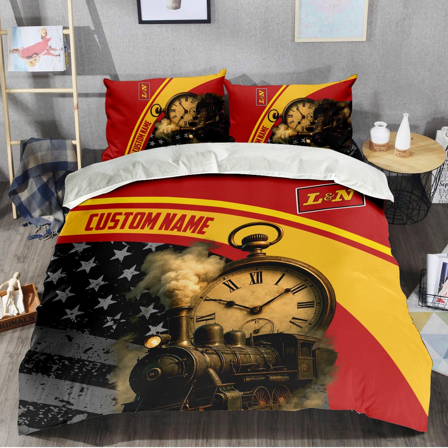 Railspirit Personalized Louisville and Nashville Railroad Bedding Set Classic Steam Engine With Retro Pocket Watch L&N Bedding Set All Over Print
