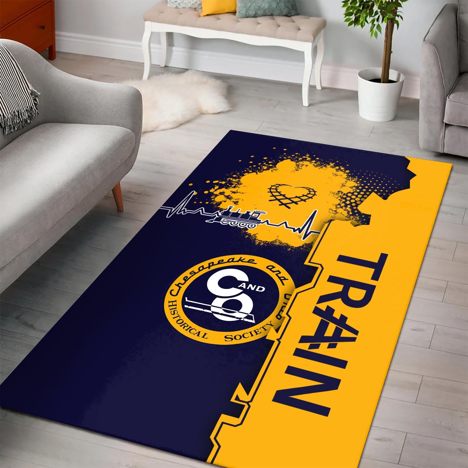 Railspirit Chesapeake and Ohio Railway Area Rug Engine Heartbeat and Track Love Style C&O Rug Gift Idea For Train Lovers