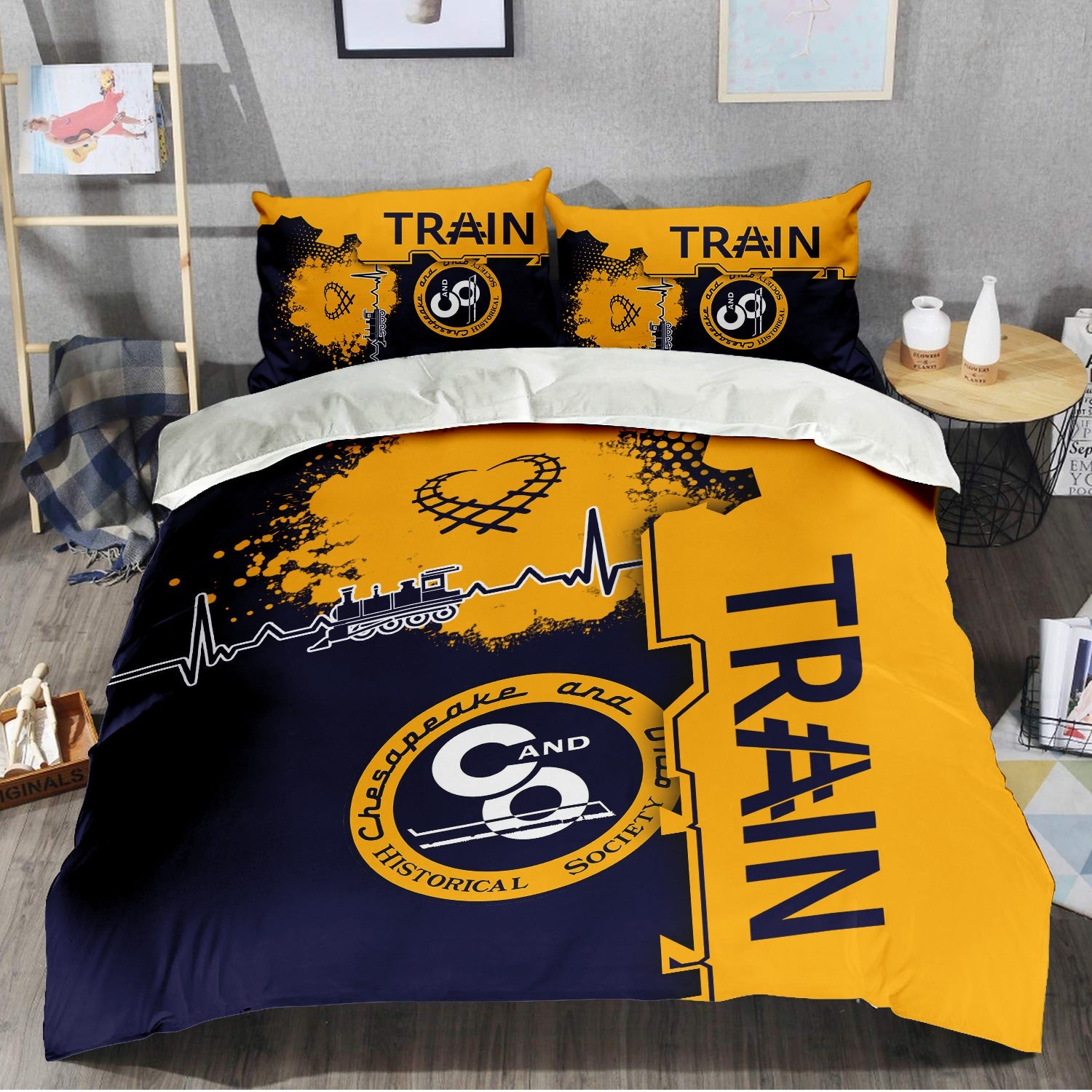 Railspirit Chesapeake and Ohio Railway Bedding Set Engine Heartbeat and Track Love Style C&O Bedding Set Gift Idea For Train Lovers