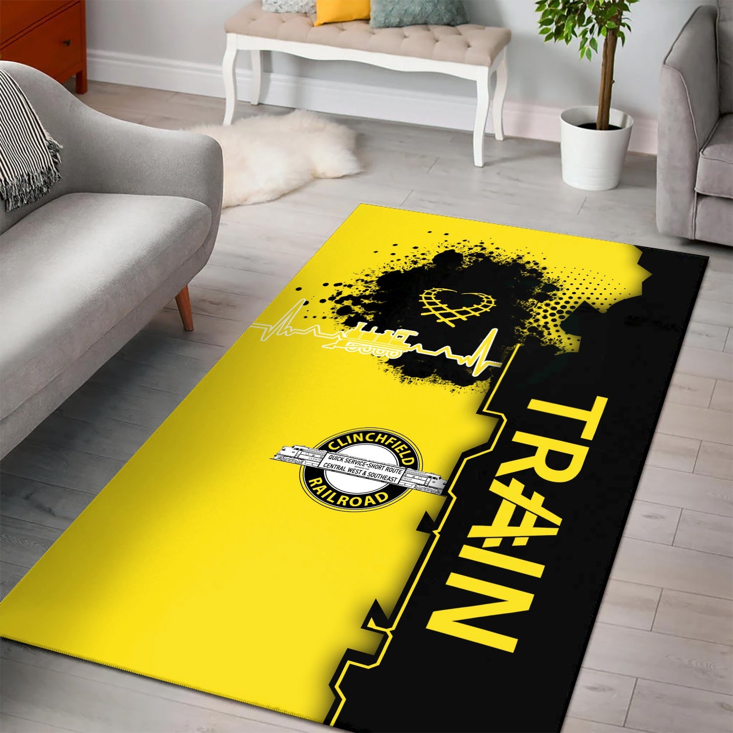Railspirit Clinchfield Railroad Area Rug Engine Heartbeat and Track Love Style Rug Gift Idea For Train Lovers