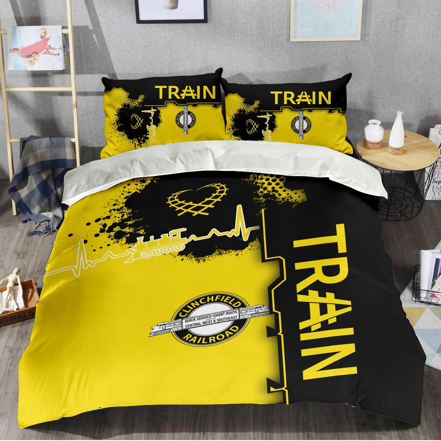 Railspirit Clinchfield Railroad Bedding Set Engine Heartbeat and Track Love Style Bedding Set Gift Idea For Train Lovers