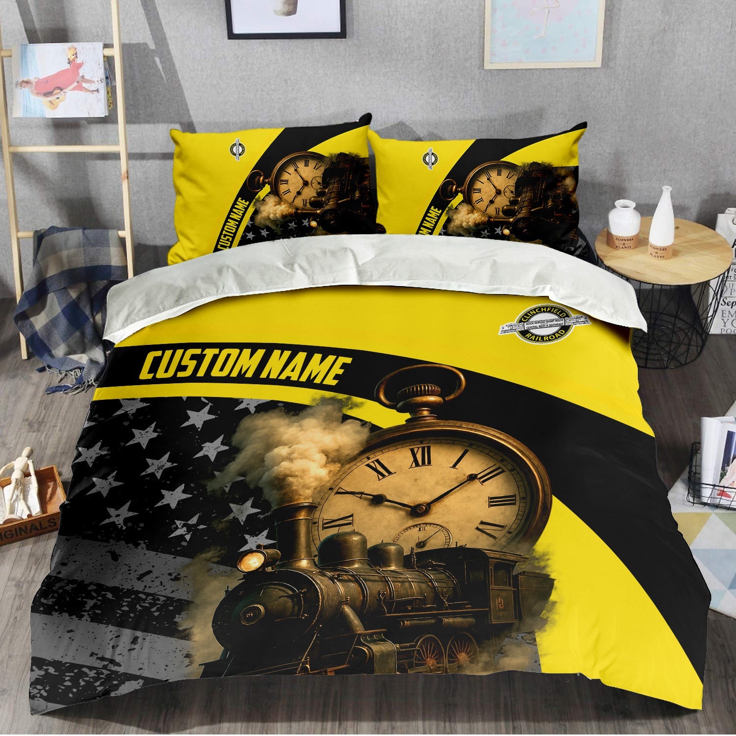 Railspirit Personalized Clinchfield Railroad Bedding Set Classic Steam Engine With Retro Pocket Watch Bedding Set All Over Print