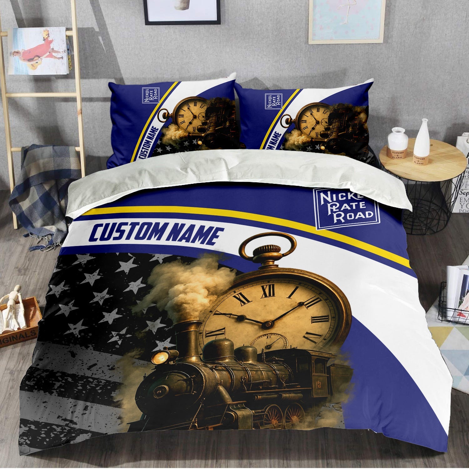 Railspirit Personalized New York, Chicago and St. Louis Railroad Bedding Set Steam Engine With Retro Pocket Watch Nickel Plate Road Bedding Set