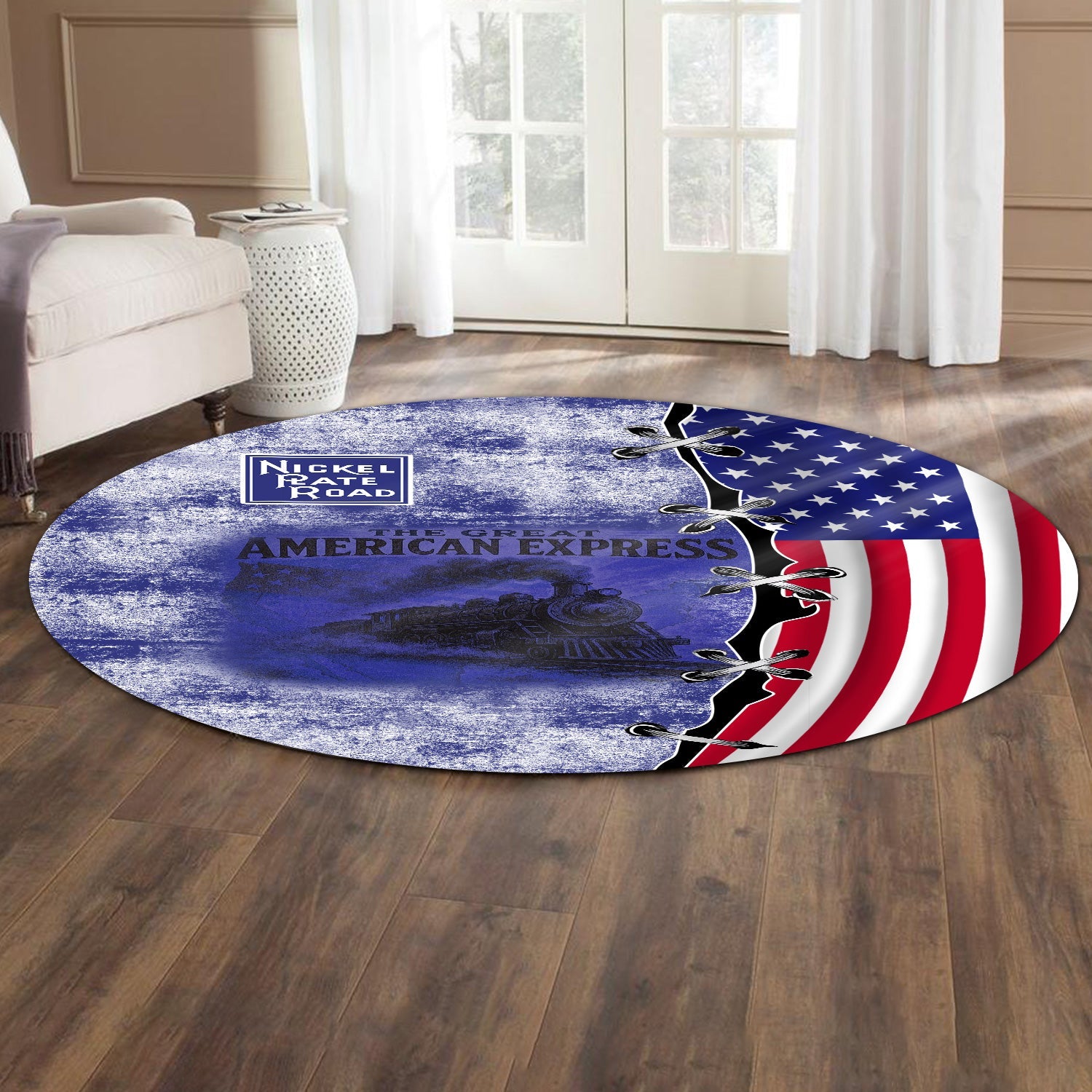 Railspirit New York, Chicago and St. Louis Railroad Round Mat Retro American Express Train With USA Flag Nickel Plate Road Round Mat