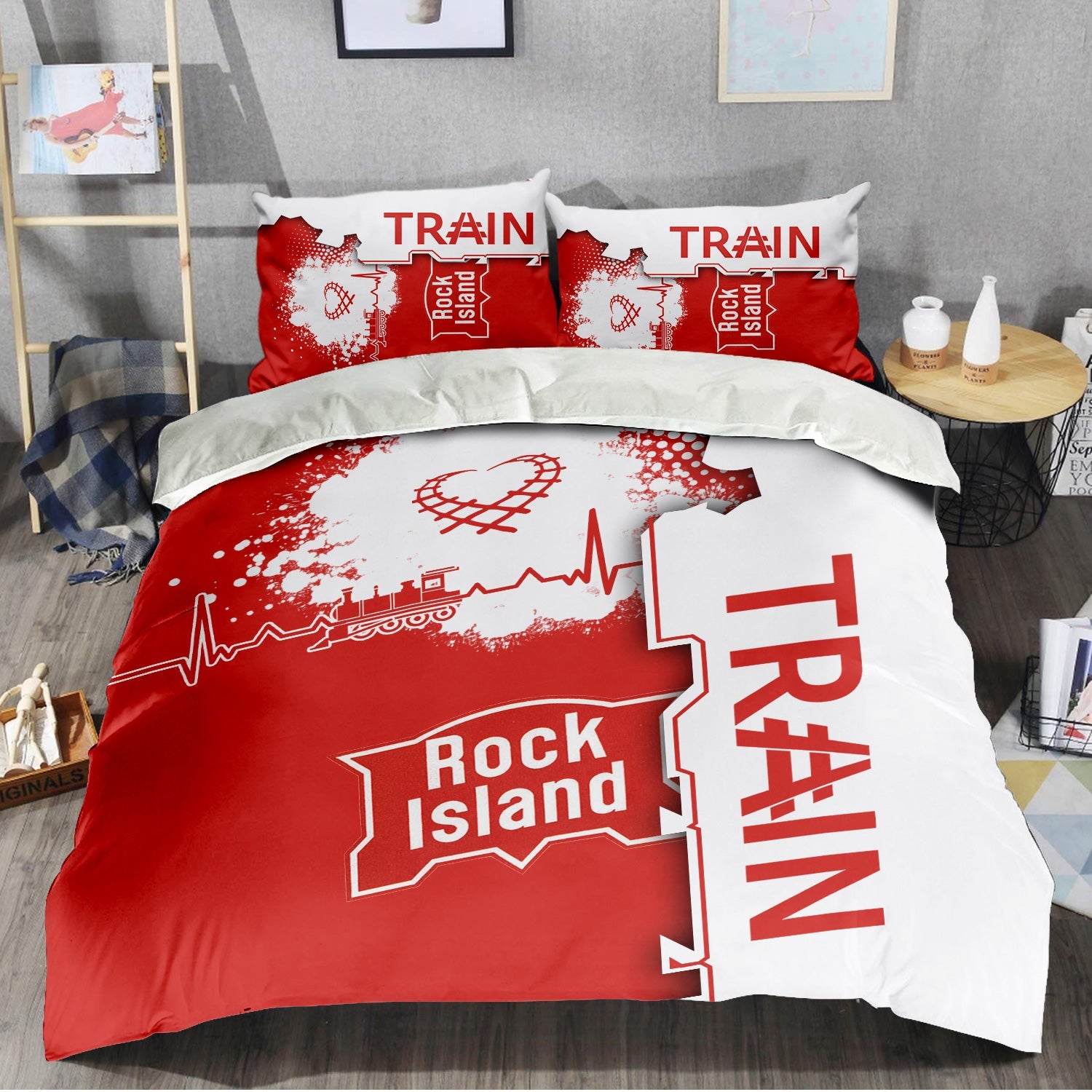 Railspirit Chicago, Rock Island and Pacific Railroad Bedding Set Engine Heartbeat and Track Love Style Rock Island Railroad Bedding Set