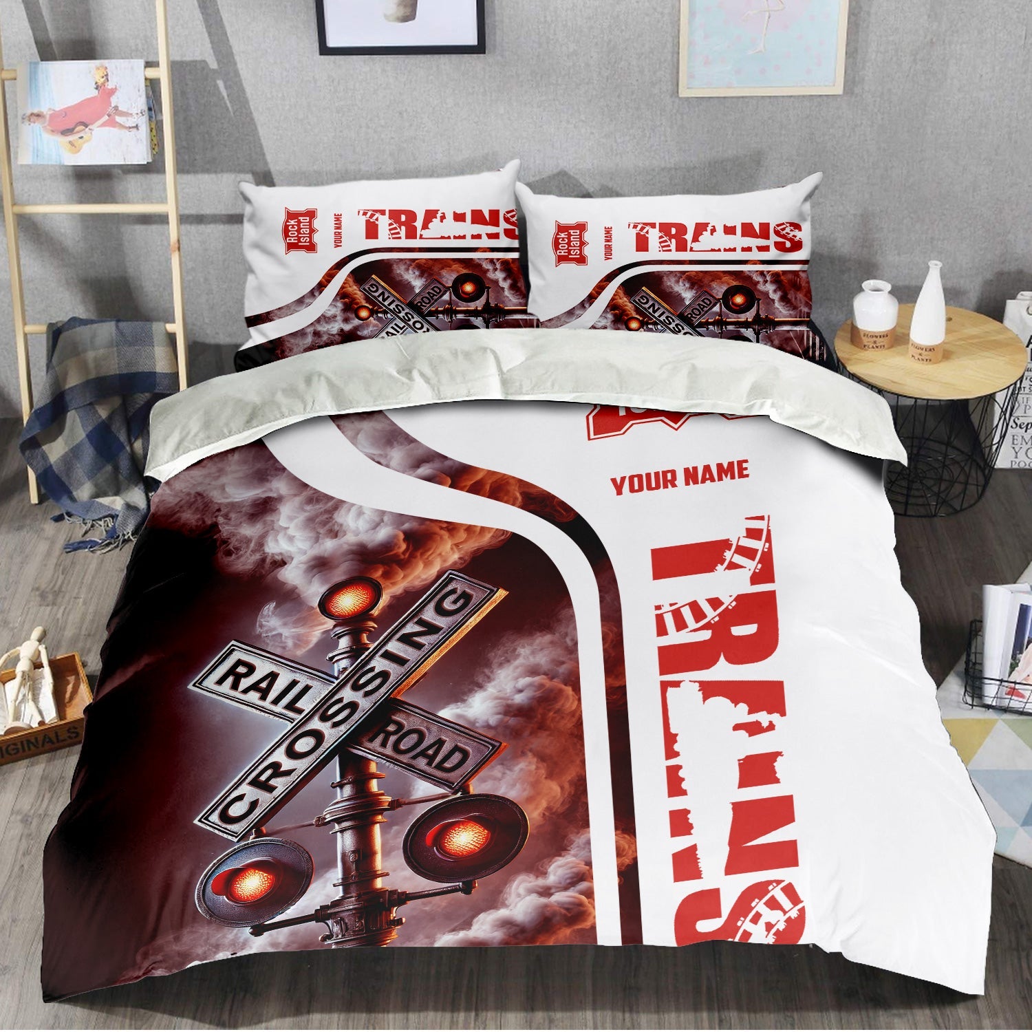 Railspirit Personalized Chicago, Rock Island and Pacific Railroad Bedding Set Railroad Crossing Sign Rock Island Railroad Bedding Set All Over Print