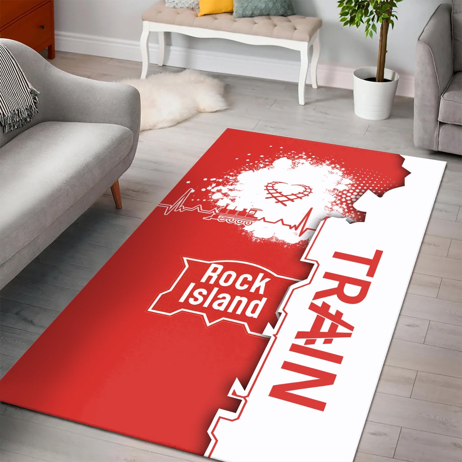 Railspirit Chicago, Rock Island and Pacific Railroad Area Rug Engine Heartbeat and Track Love Style Rock Island Railroad Rug Gift For Train Lovers