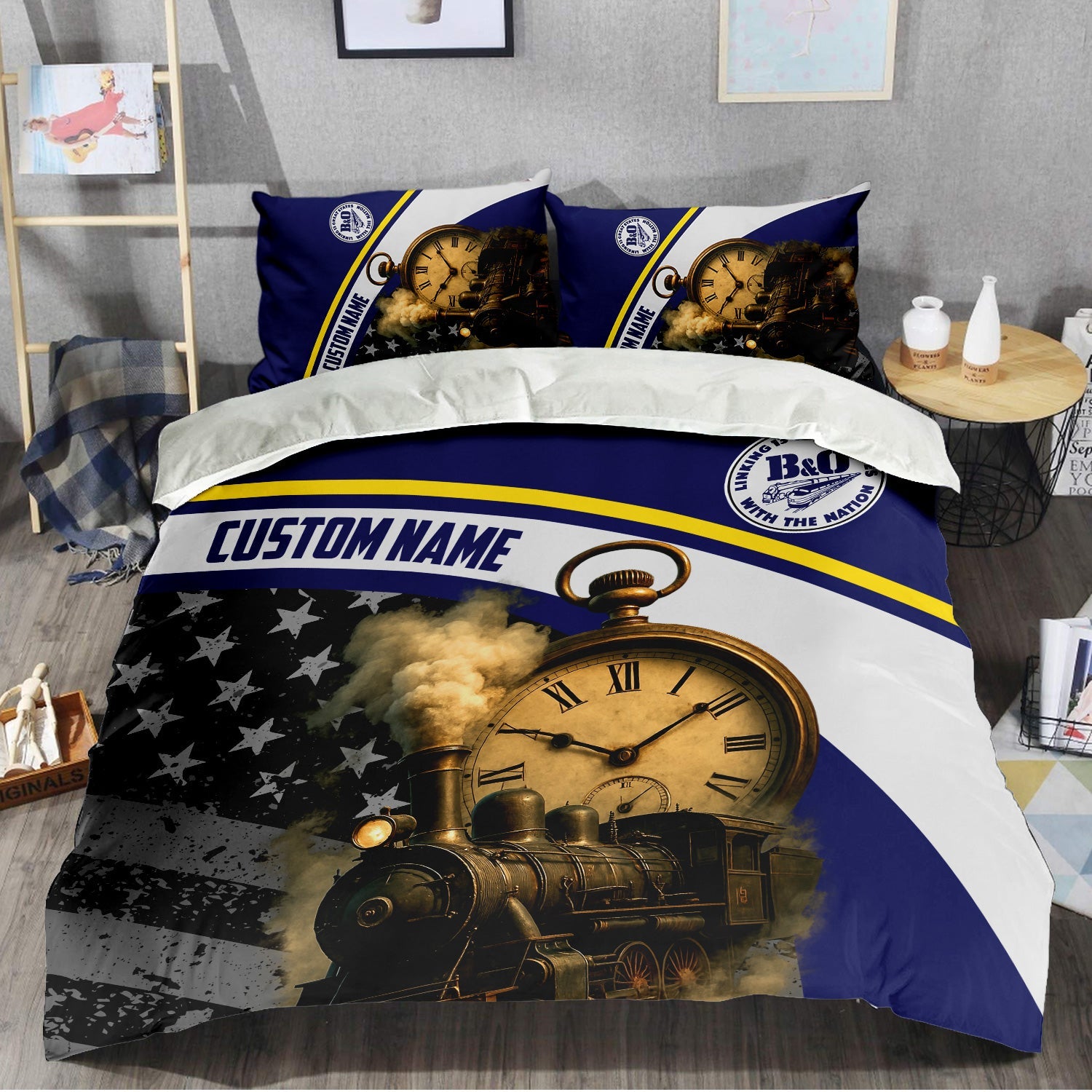 Railspirit Personalized B&O Great States Railroad Bedding Set Classic Steam Engine With Retro Pocket Watch Bedding Set All Over Print