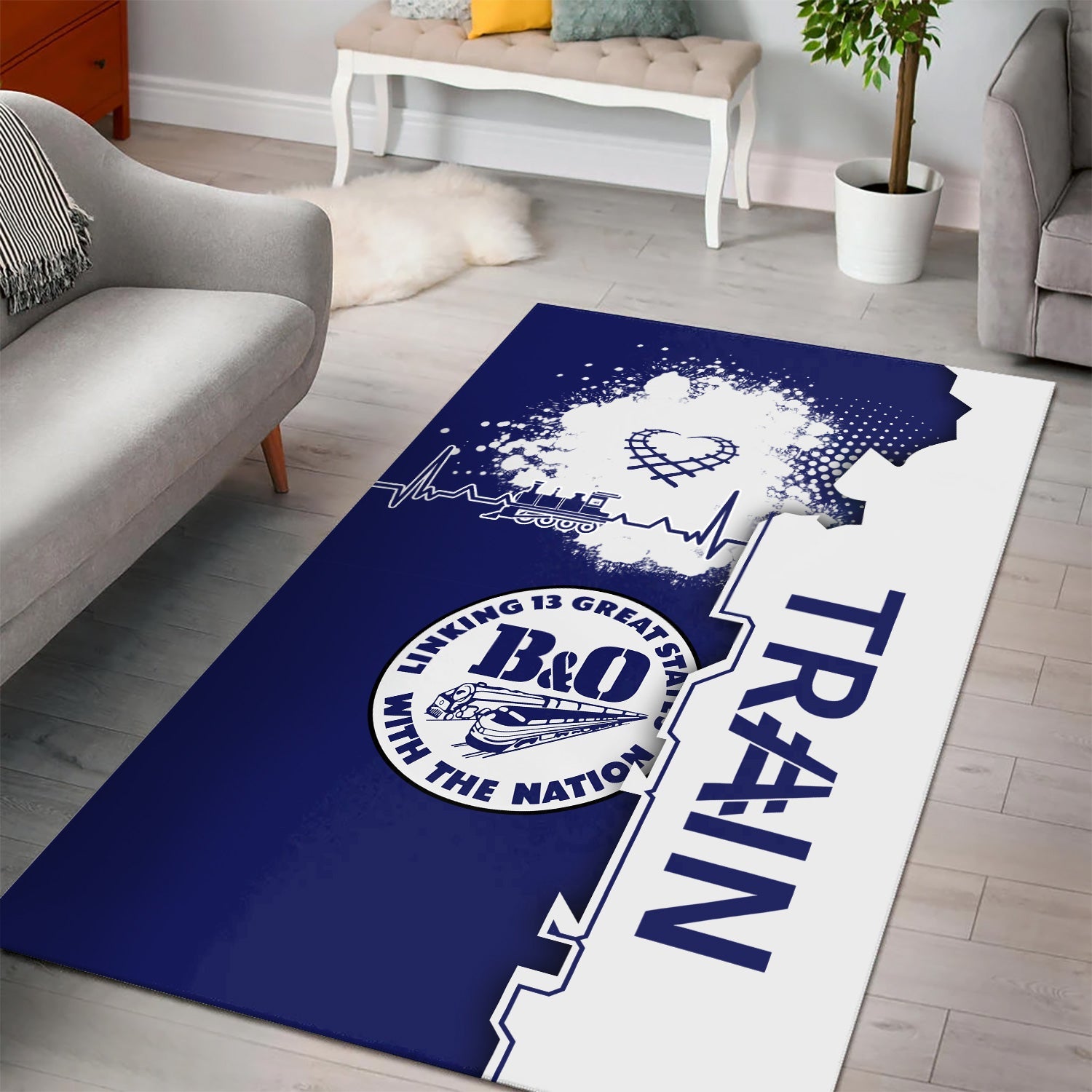 Railspirit B&O Great States Railroad Area Rug Engine Heartbeat and Track Love Style Rug Gift Idea For Train Lovers