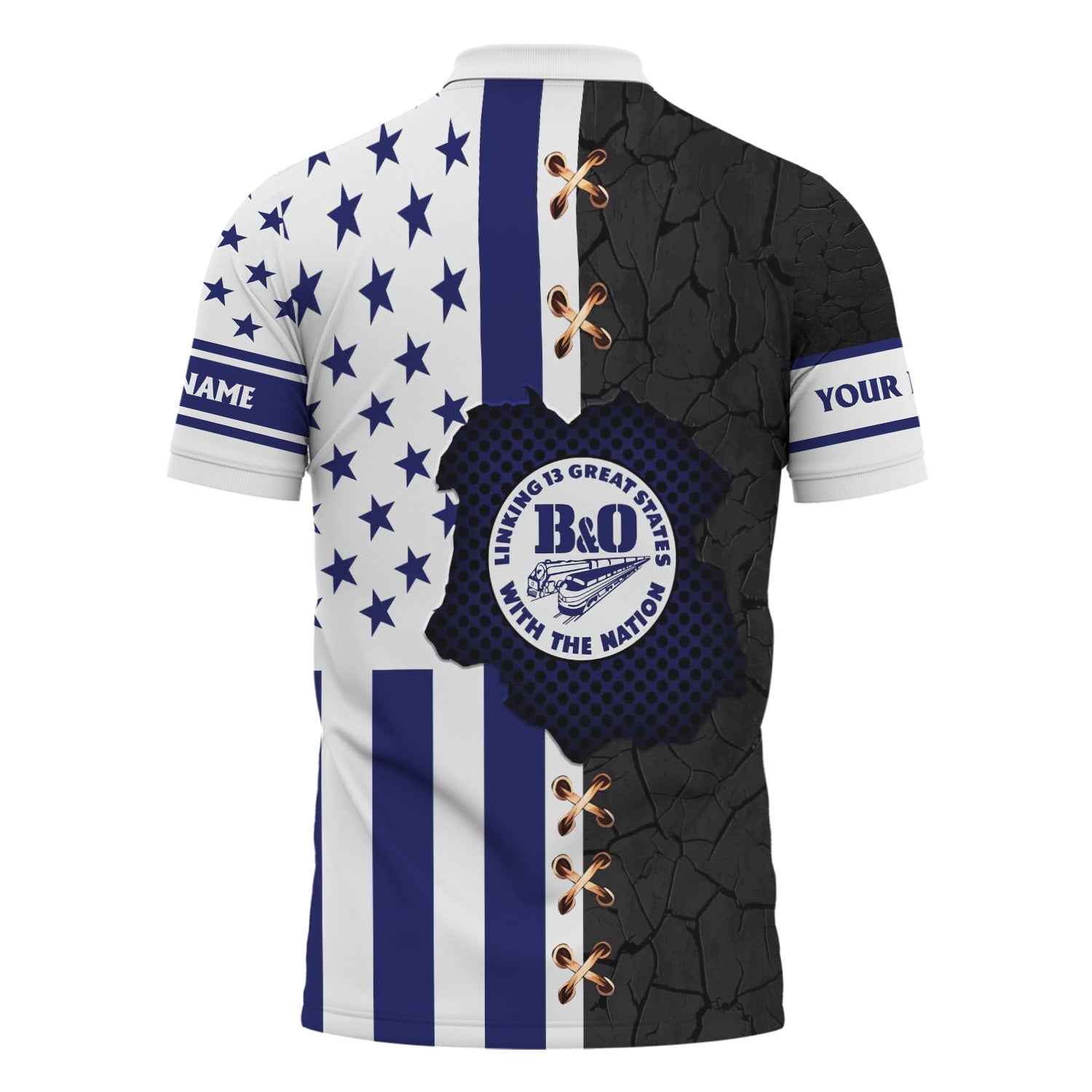 Railspirit Personalized B&O Great States Railroad Polo Shirt American Flag with Crack Effect Train Shirt