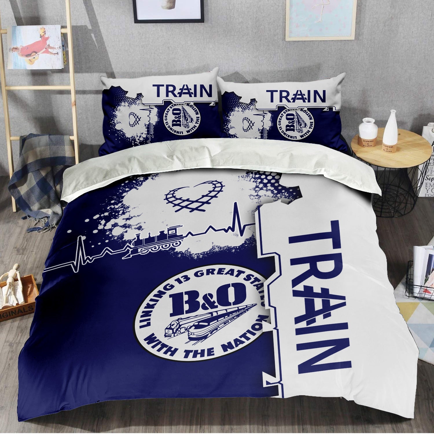 Railspirit B&O Great States Railroad Bedding Set Engine Heartbeat and Track Love Style Bedding Set Gift Idea For Train Lovers