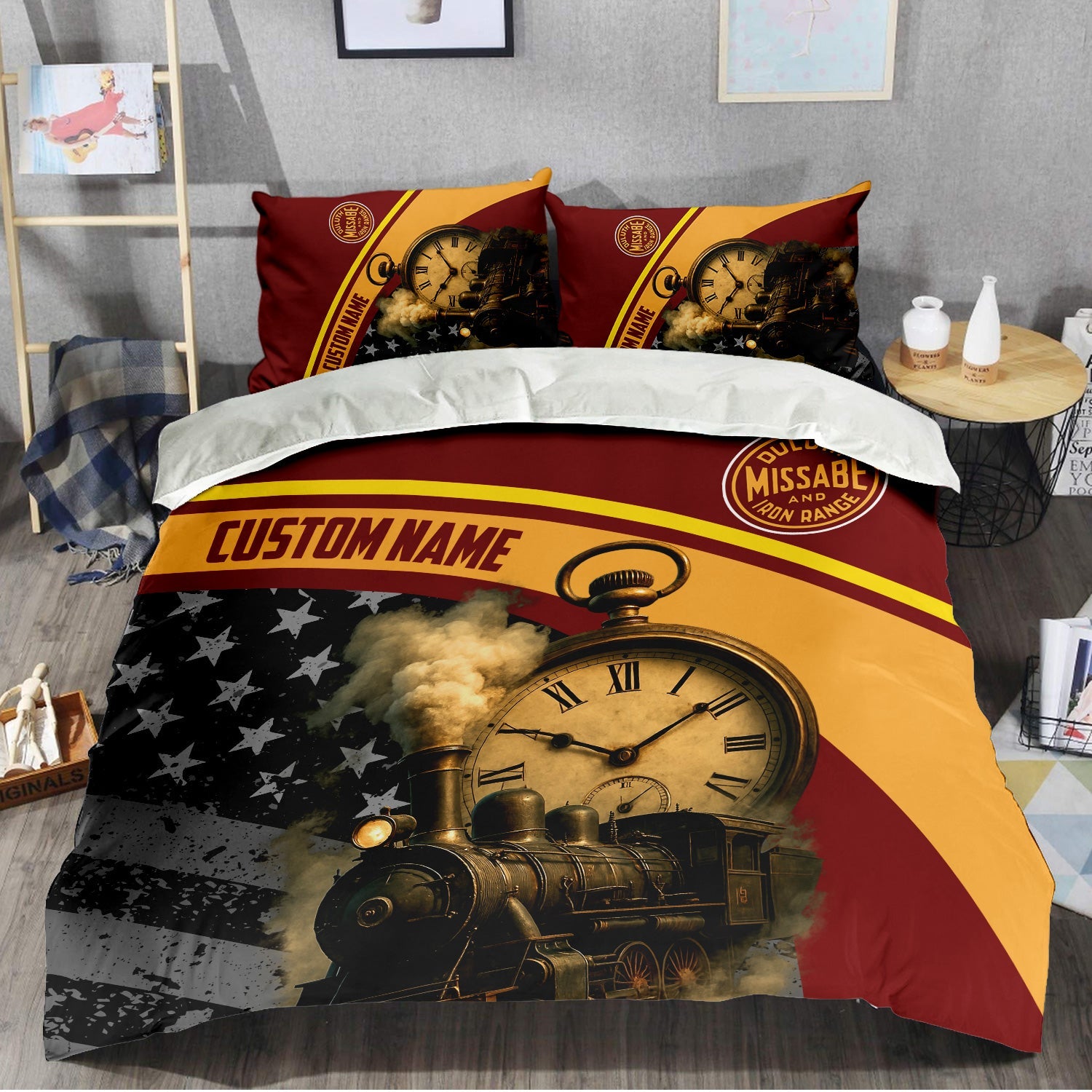 Railspirit Personalized Duluth, Missabe, & Iron Range Railroad Bedding Set Classic Steam Engine With Retro Pocket Watch Bedding Set All Over Print