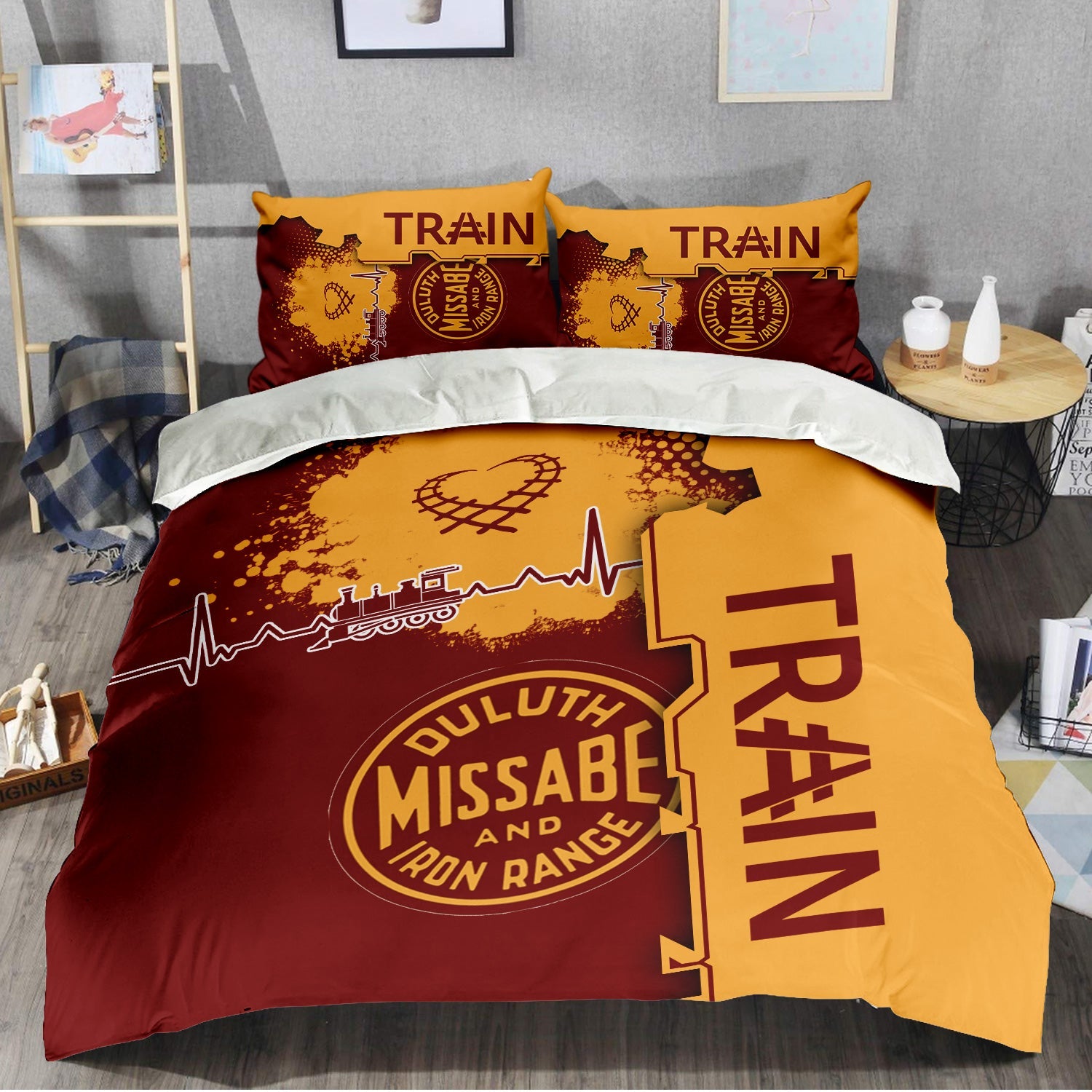 Railspirit Duluth, Missabe, & Iron Range Railroad Bedding Set Engine Heartbeat and Track Love Style Bedding Set Gift Idea For Train Lovers