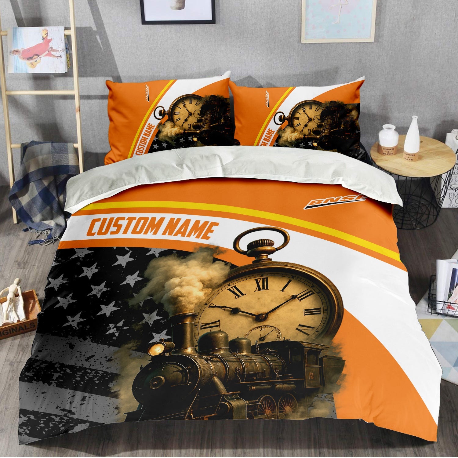 Railspirit Personalized BNSF Railway Bedding Set Classic Steam Engine With Retro Pocket Watch Bedding Set All Over Print